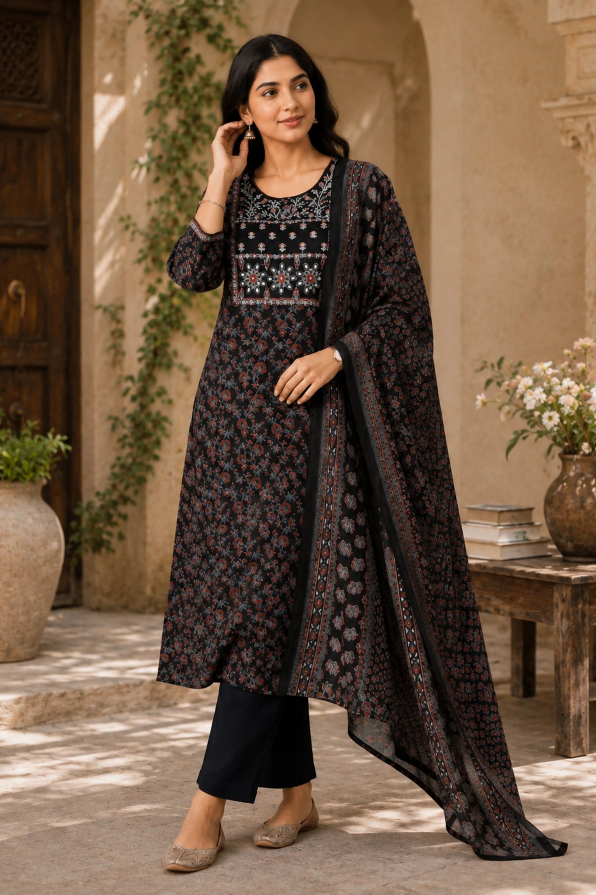 Black Floral Cotton Suit Set-Global Republic