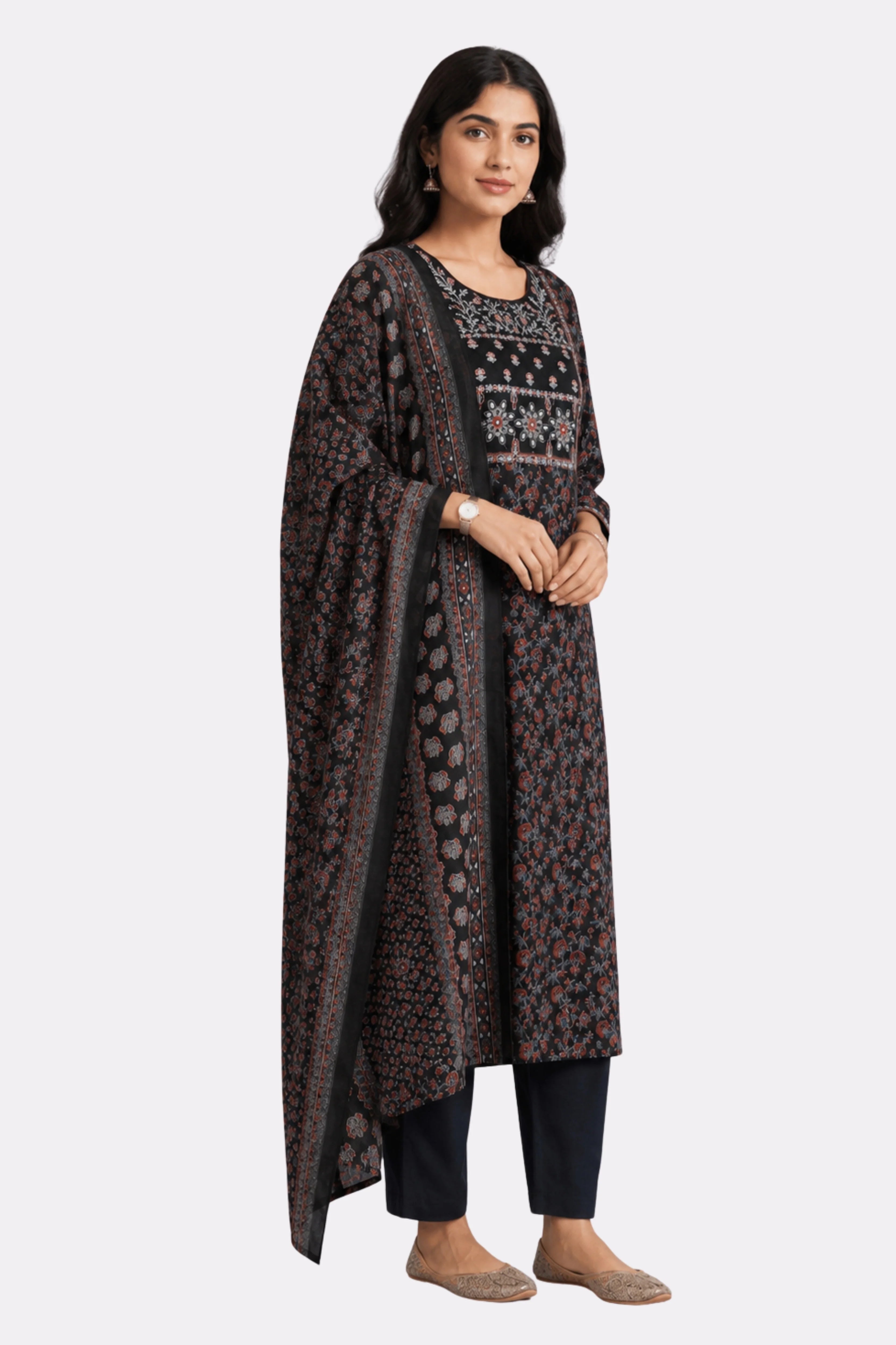 Black Floral Cotton Suit Set-Global Republic