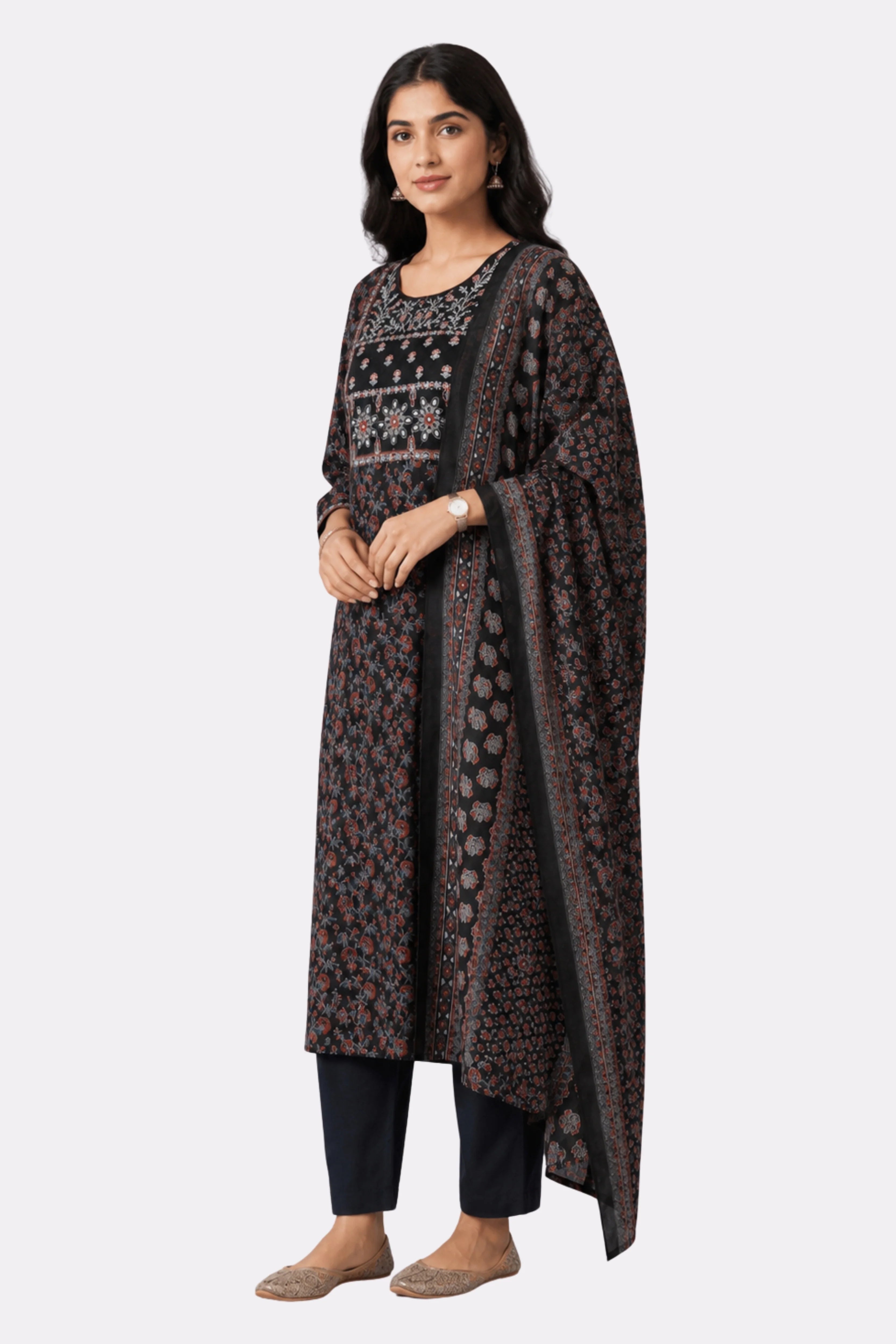 Black Floral Cotton Suit Set-Global Republic