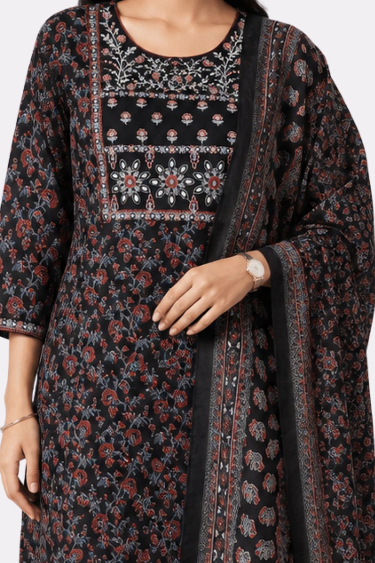 Black Floral Cotton Suit Set-Global Republic