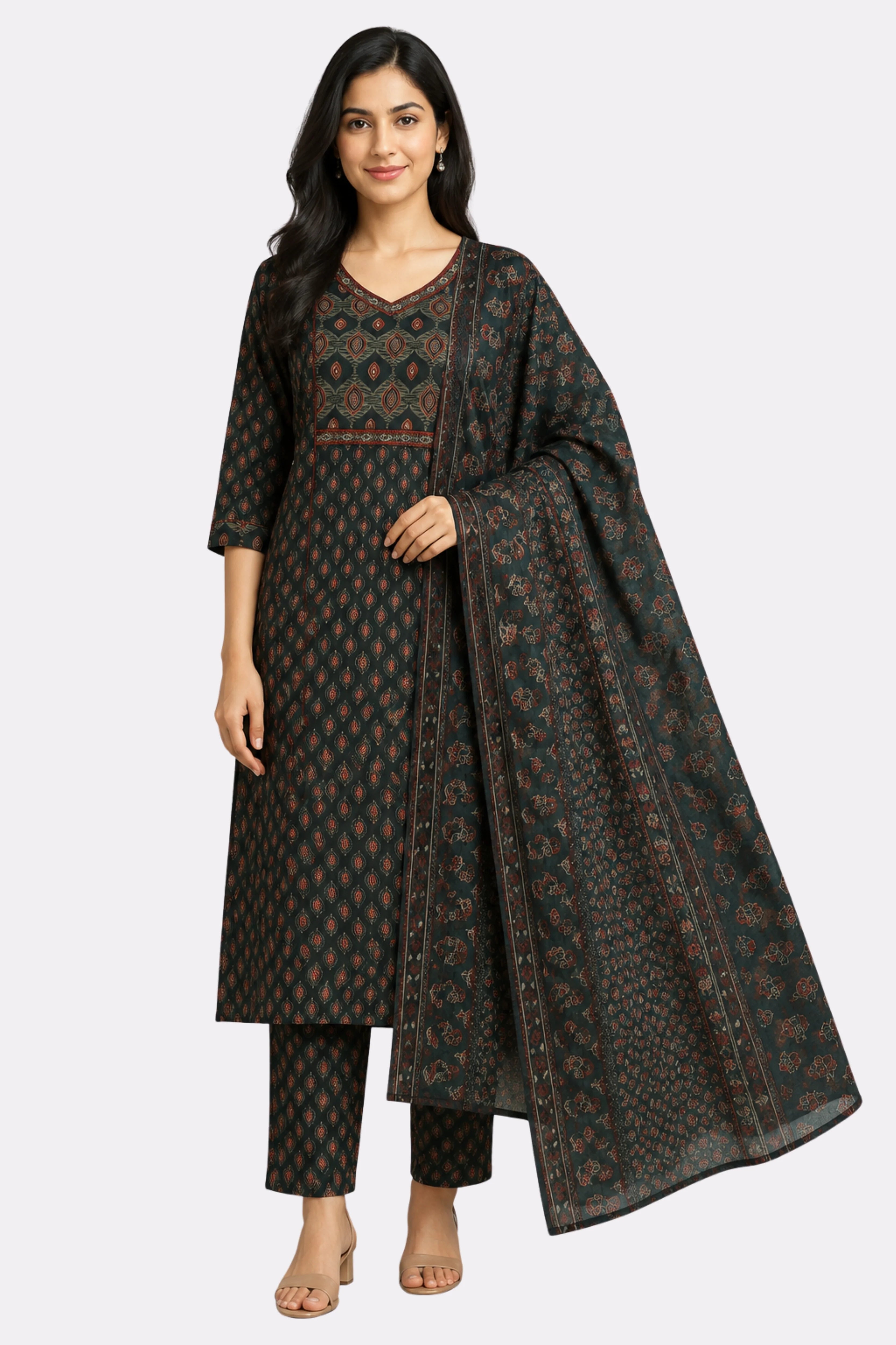 Green Ethnic Motif Cotton Suit Set-Global Republic