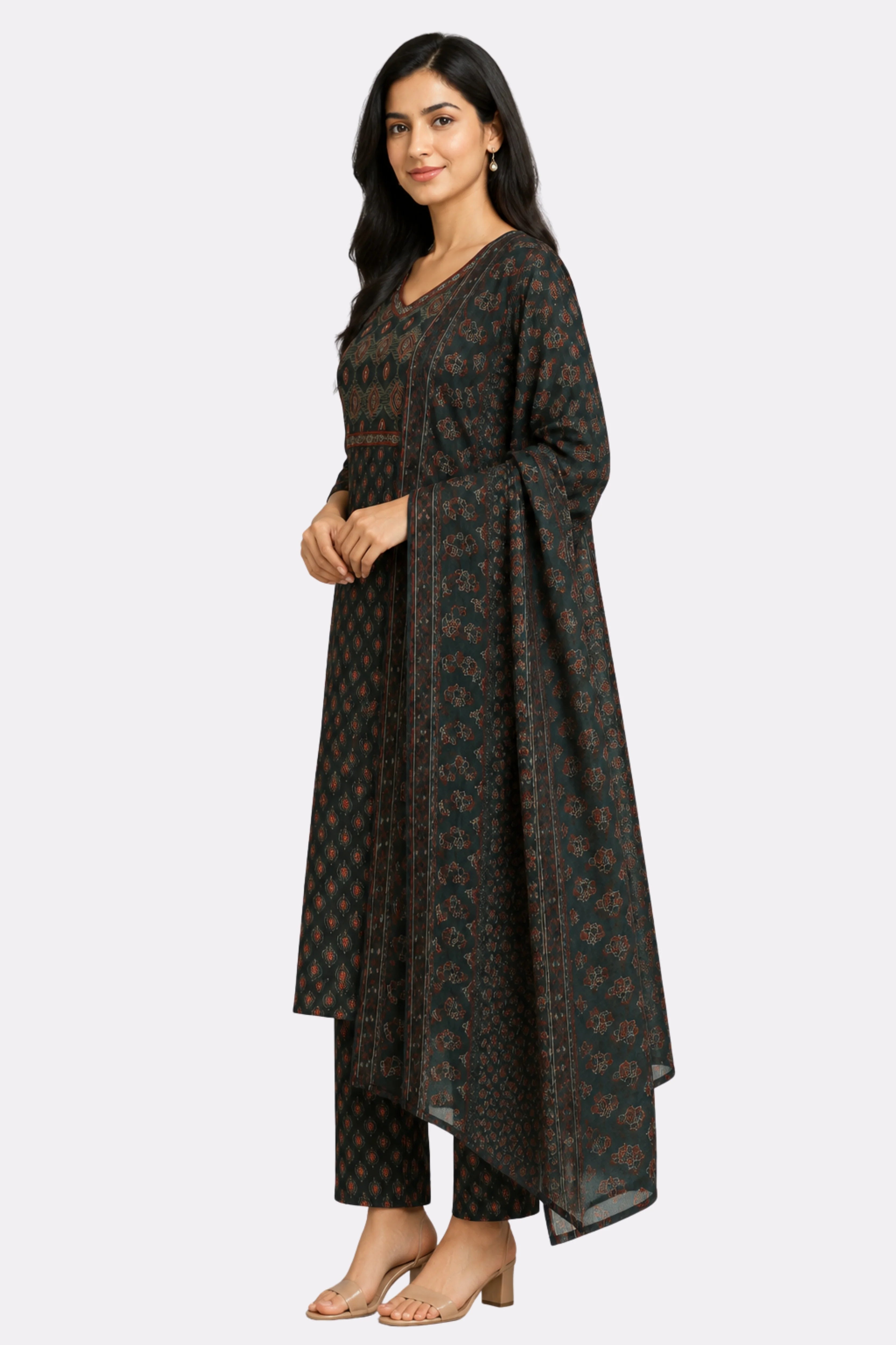 Green Ethnic Motif Cotton Suit Set-Global Republic