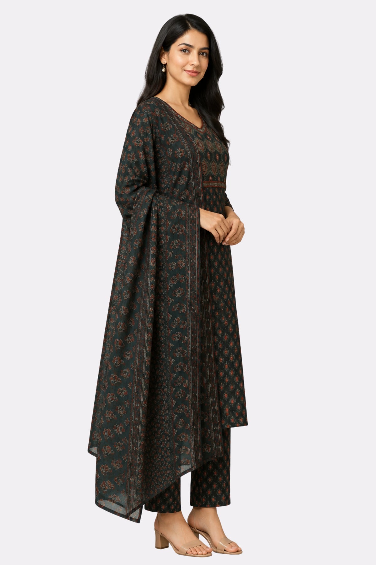 Green Ethnic Motif Cotton Suit Set-Global Republic