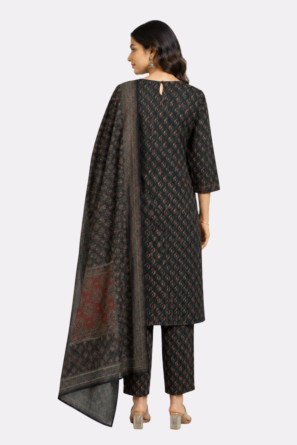 Green Ethnic Motif Cotton Suit Set-Global Republic