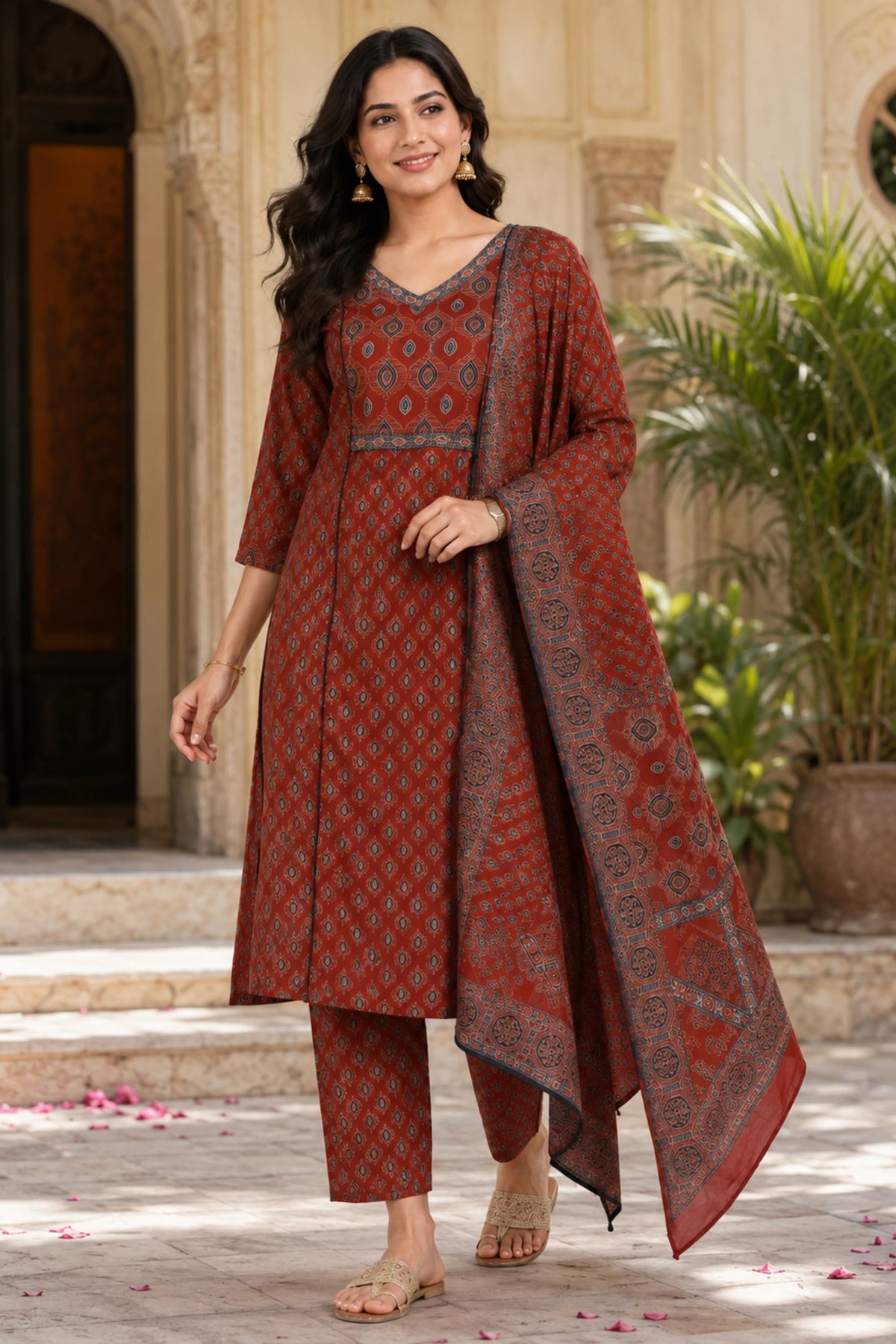 Maroon Ethnic Print Cotton Suit Set-Global Republic