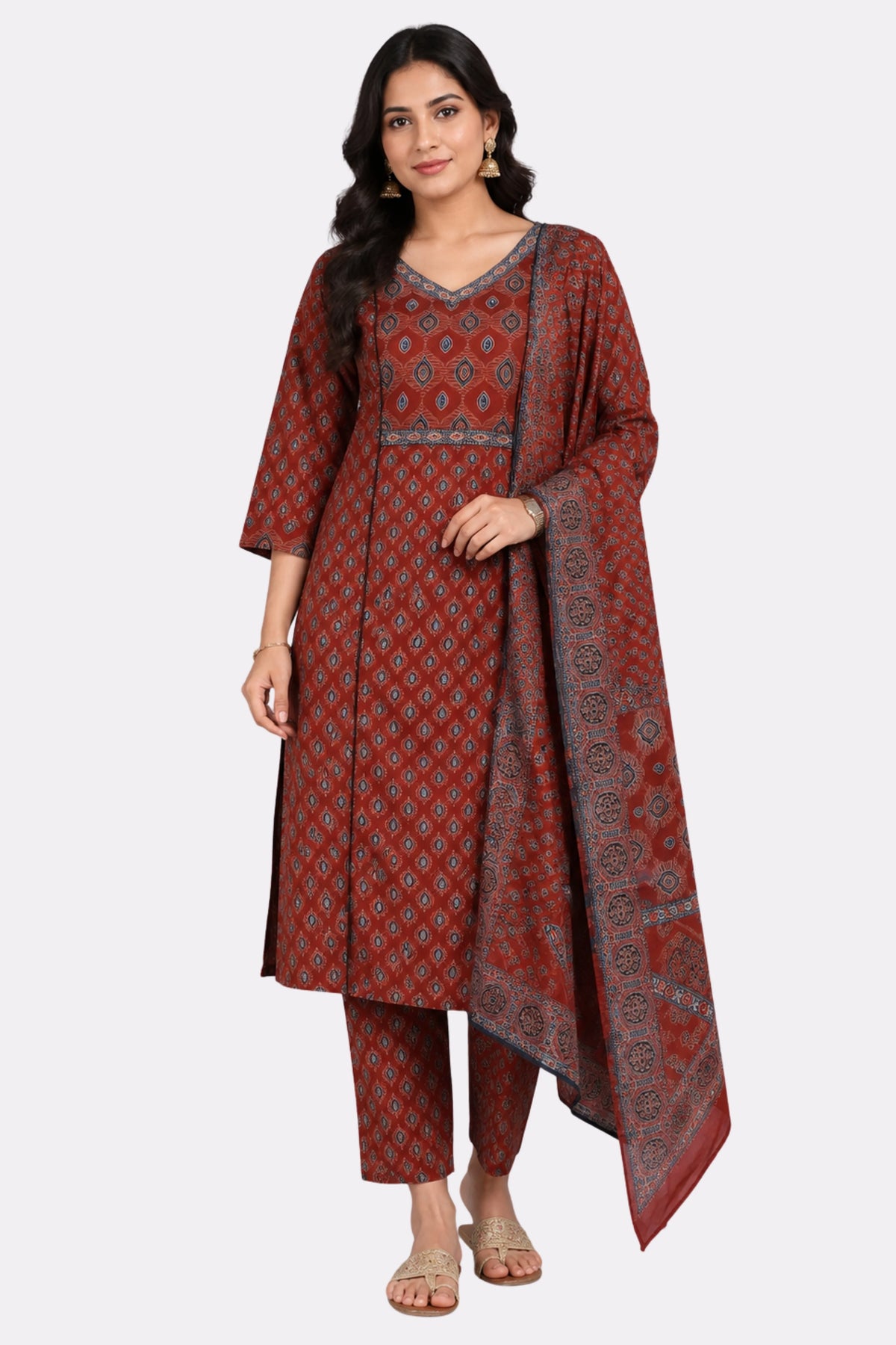 Maroon Ethnic Print Cotton Suit Set-Global Republic