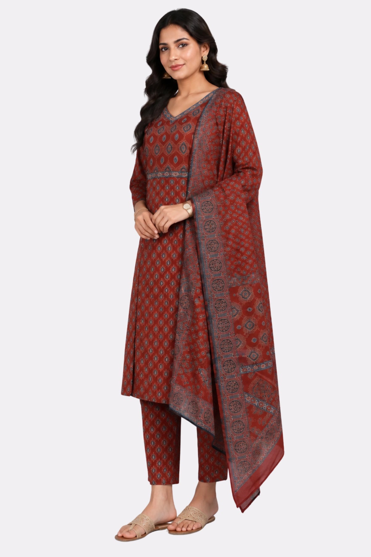Maroon Ethnic Print Cotton Suit Set-Global Republic