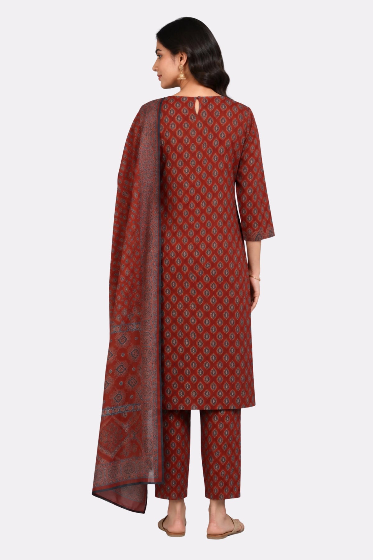 Maroon Ethnic Print Cotton Suit Set-Global Republic