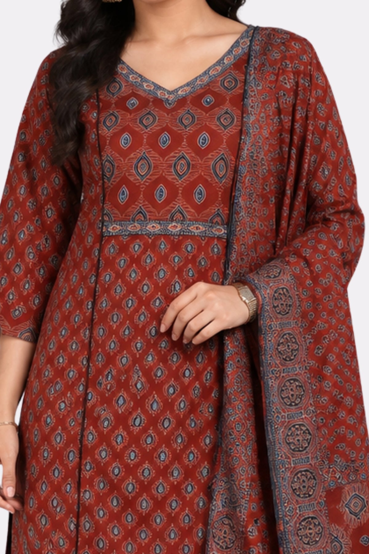 Maroon Ethnic Print Cotton Suit Set-Global Republic