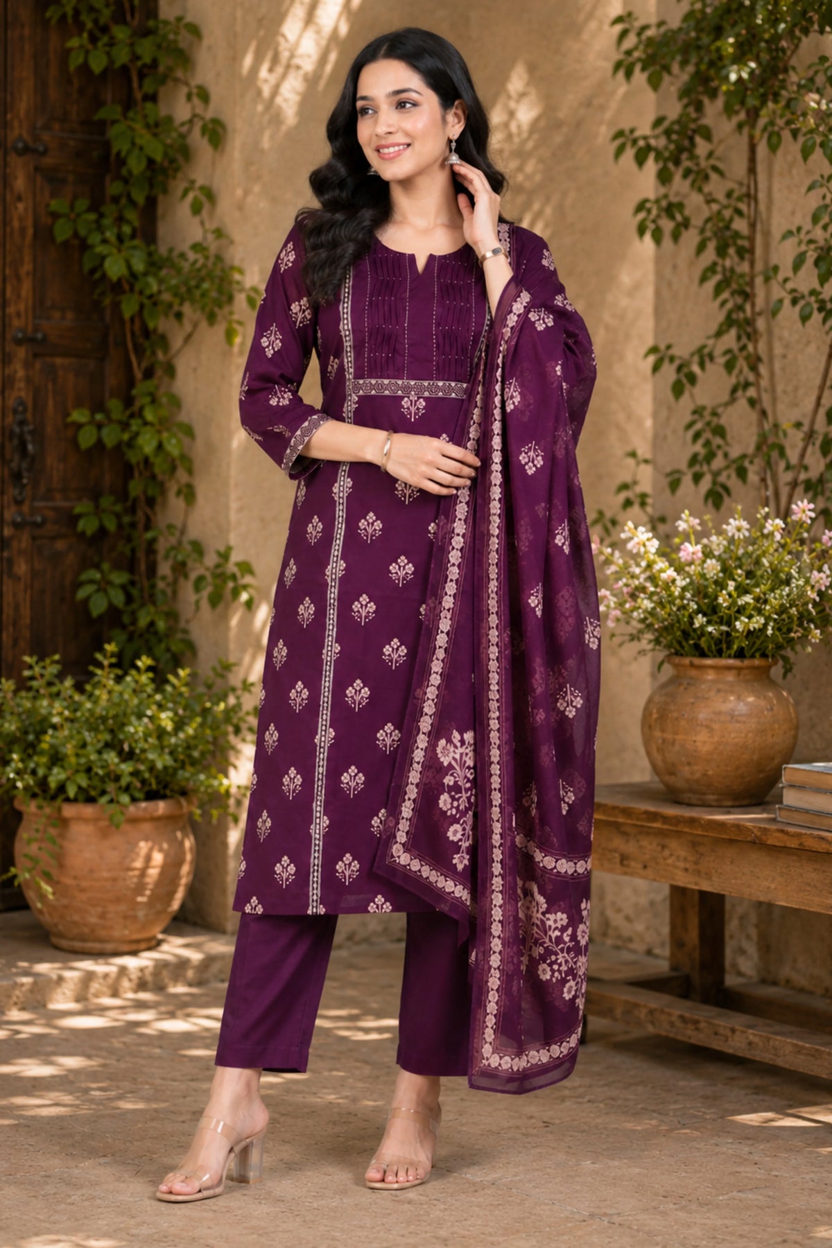 Wine Floral Cotton Kurta Set-Global Republic
