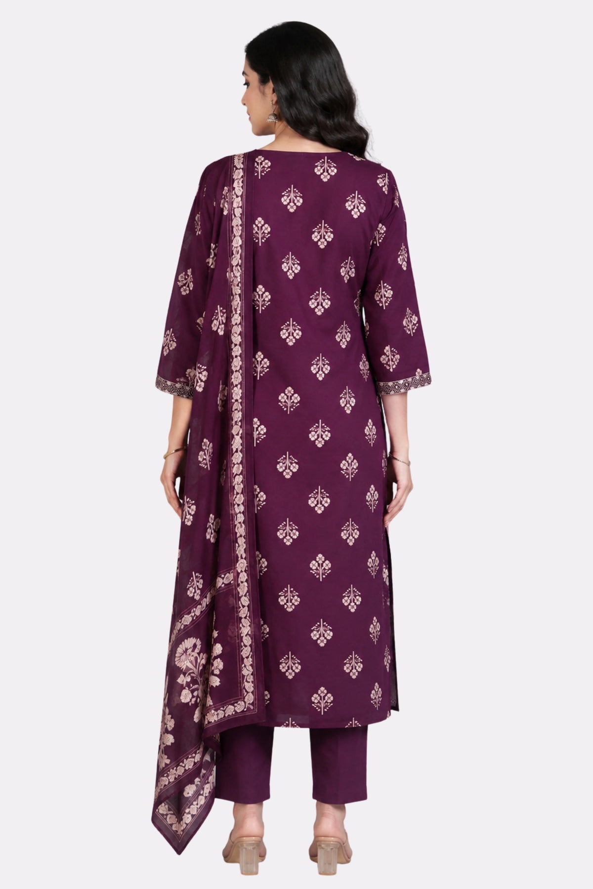 Wine Floral Cotton Kurta Set-Global Republic