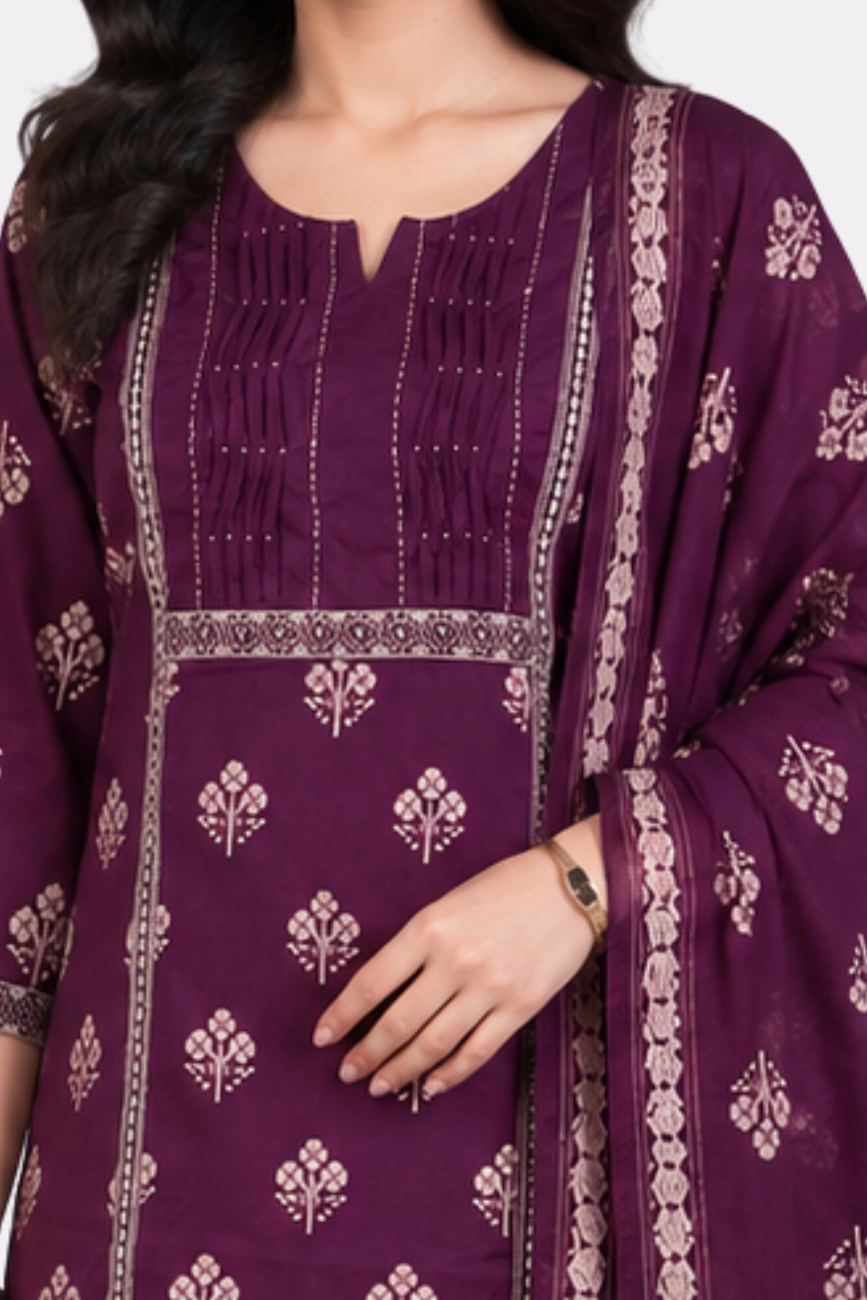 Wine Floral Cotton Kurta Set-Global Republic