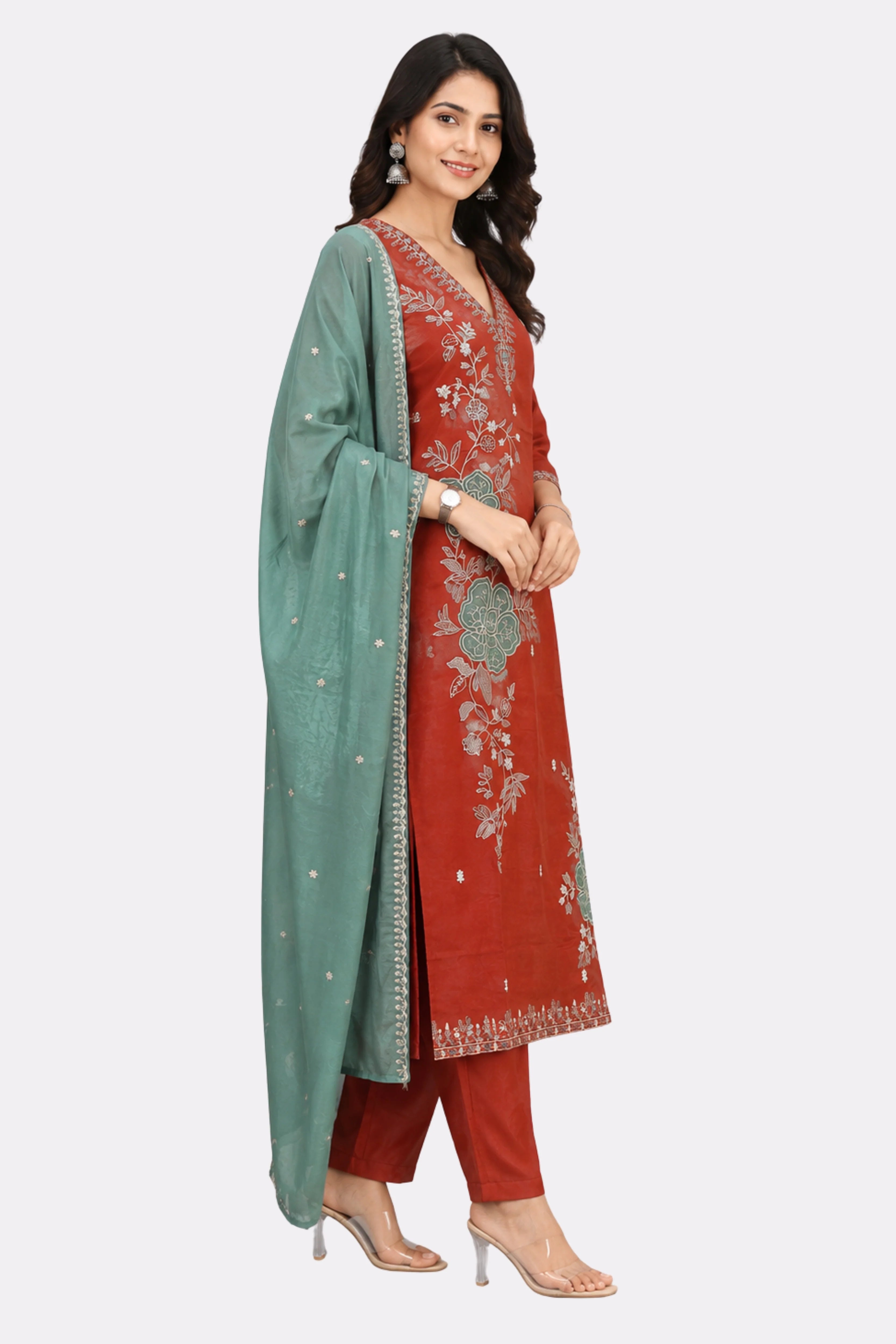 Rust Floral Embroidered Cotton Suit Set-Global Republic