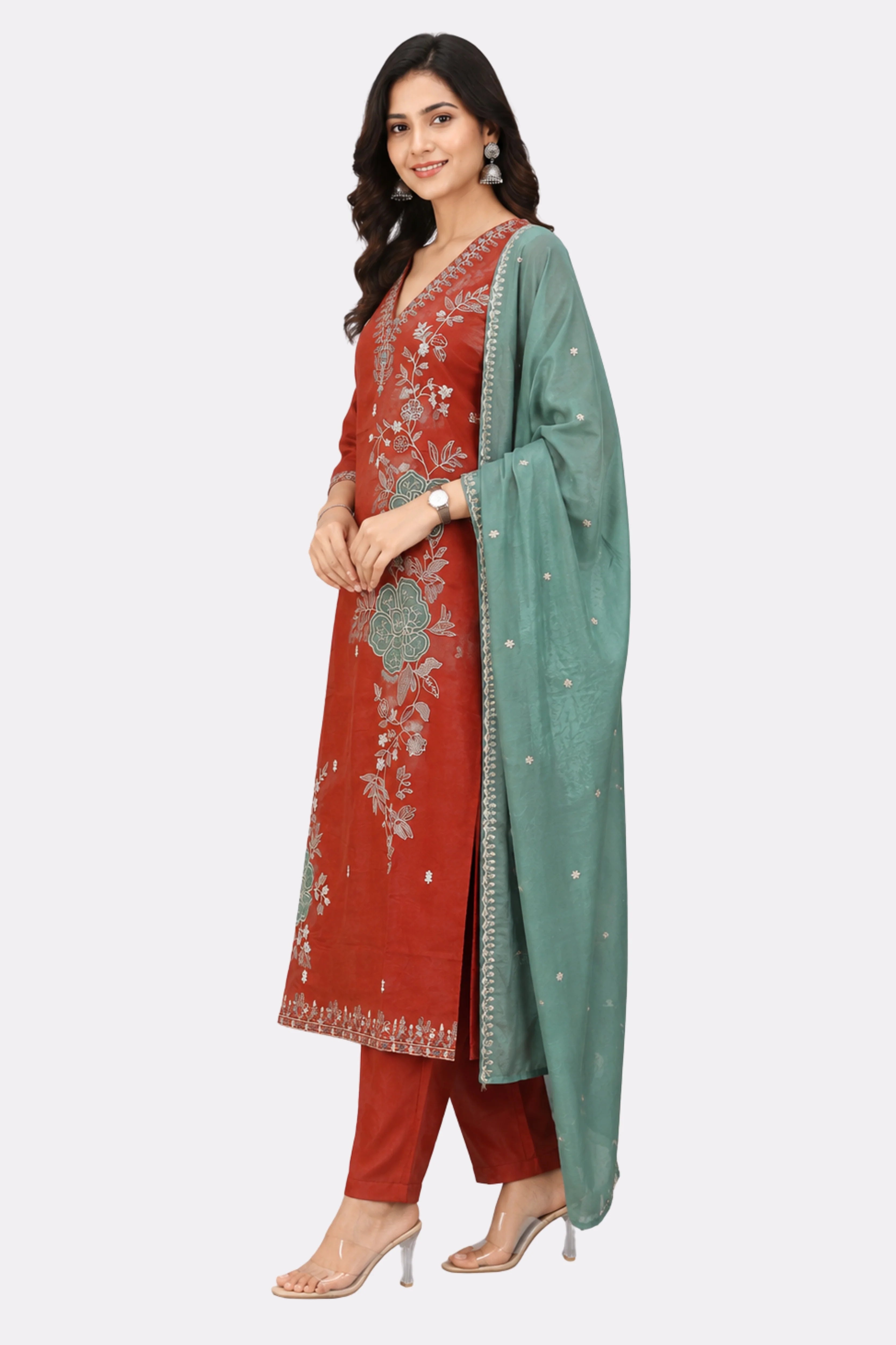 Rust Floral Embroidered Cotton Suit Set-Global Republic