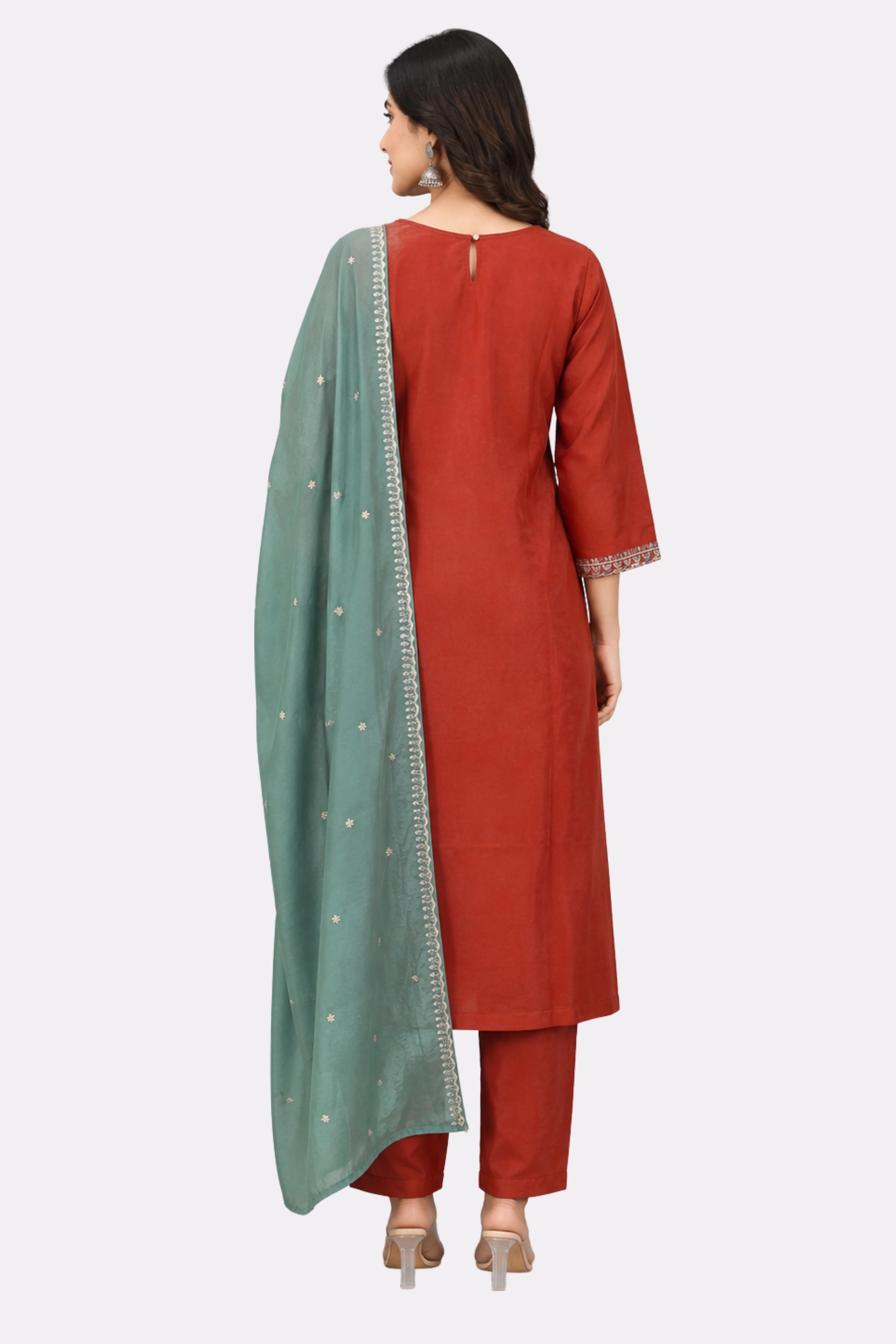 Rust Floral Embroidered Cotton Suit Set-Global Republic