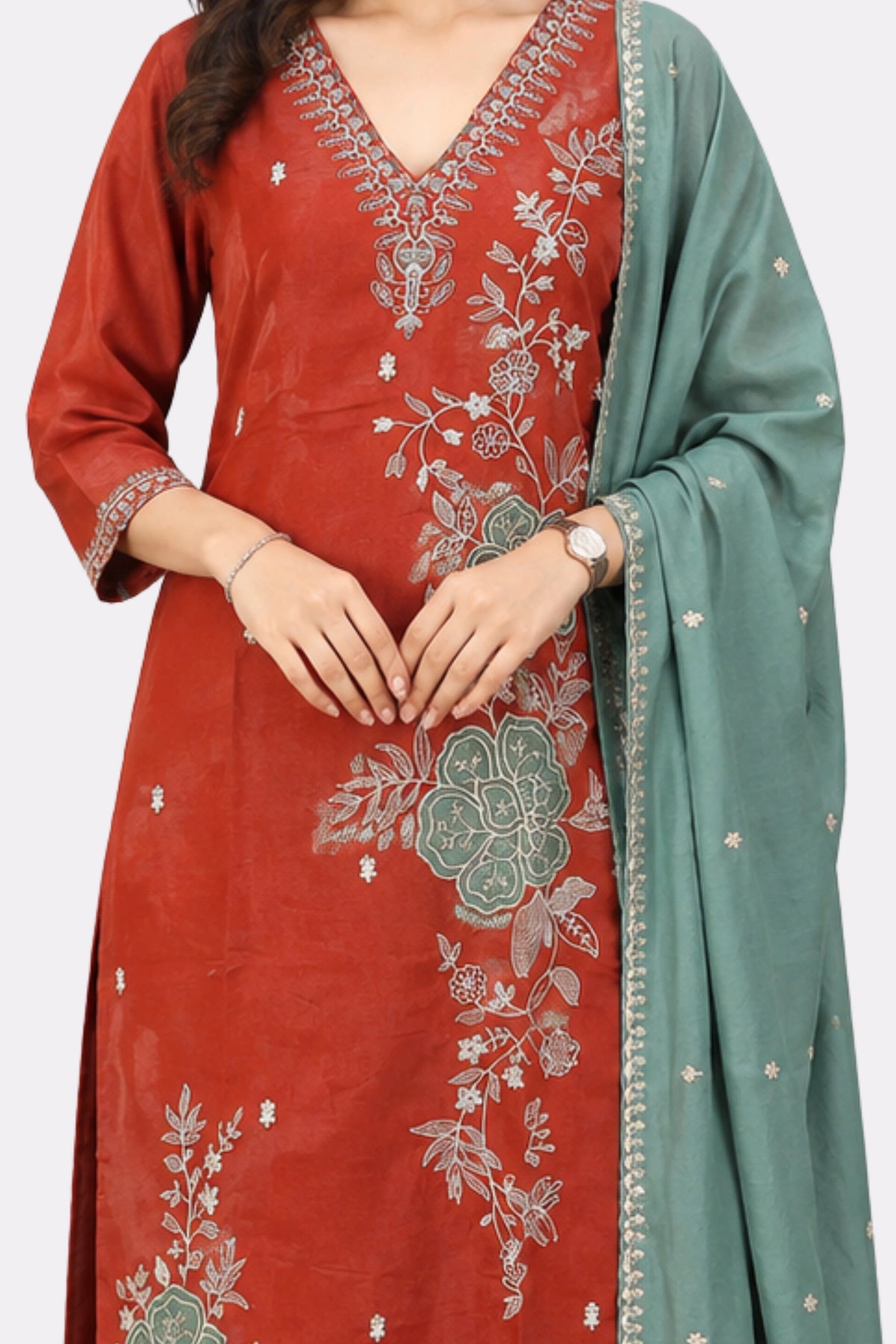 Rust Floral Embroidered Cotton Suit Set-Global Republic