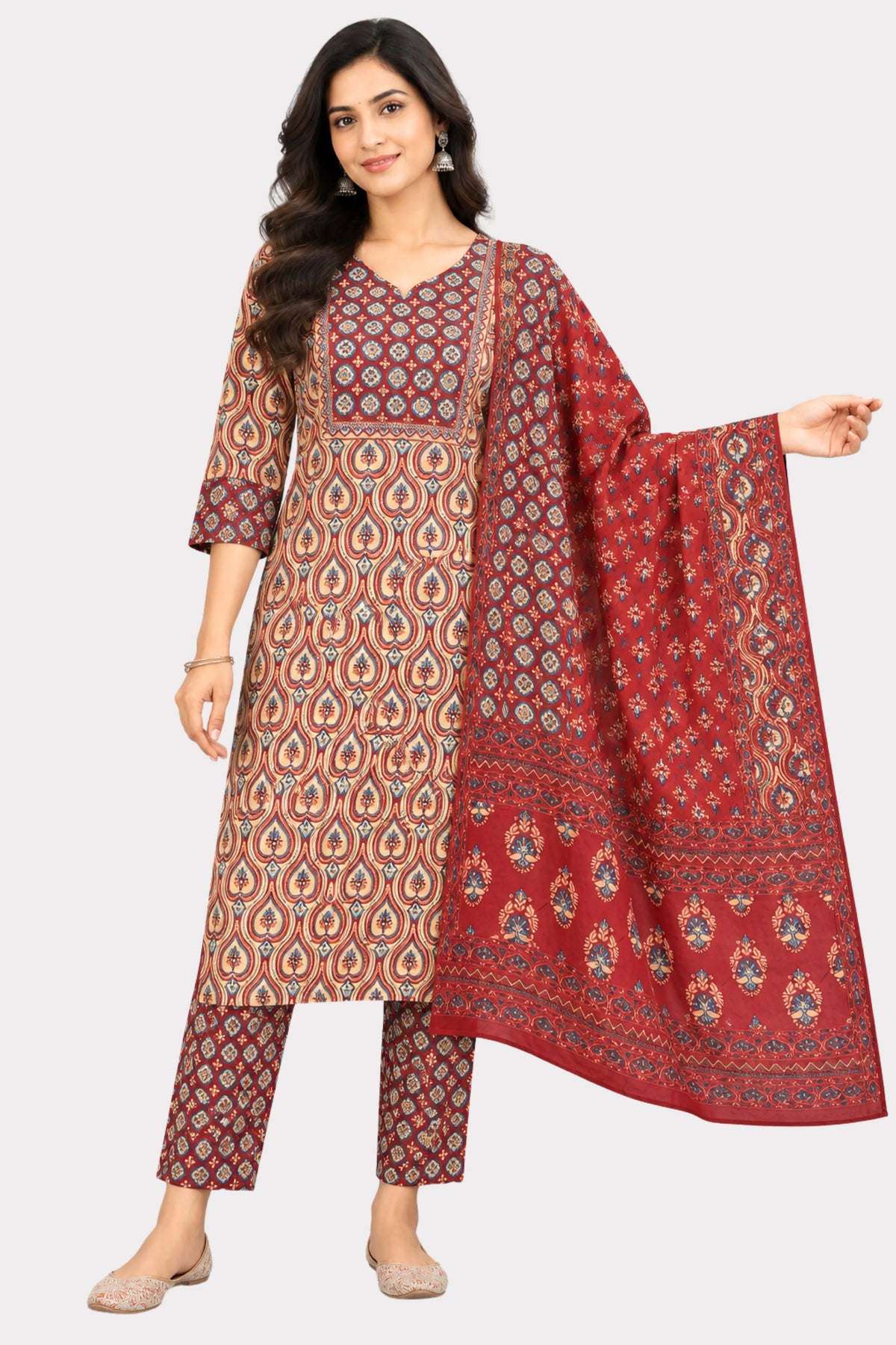 Maroon Ethnic Printed Cotton Suit Set-Global Republic