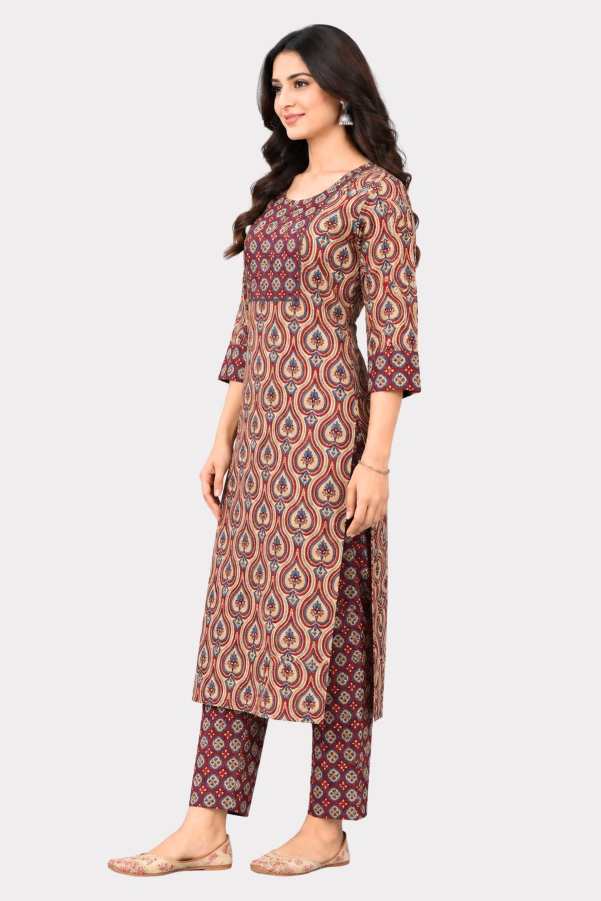 Maroon Ethnic Printed Cotton Suit Set-Global Republic