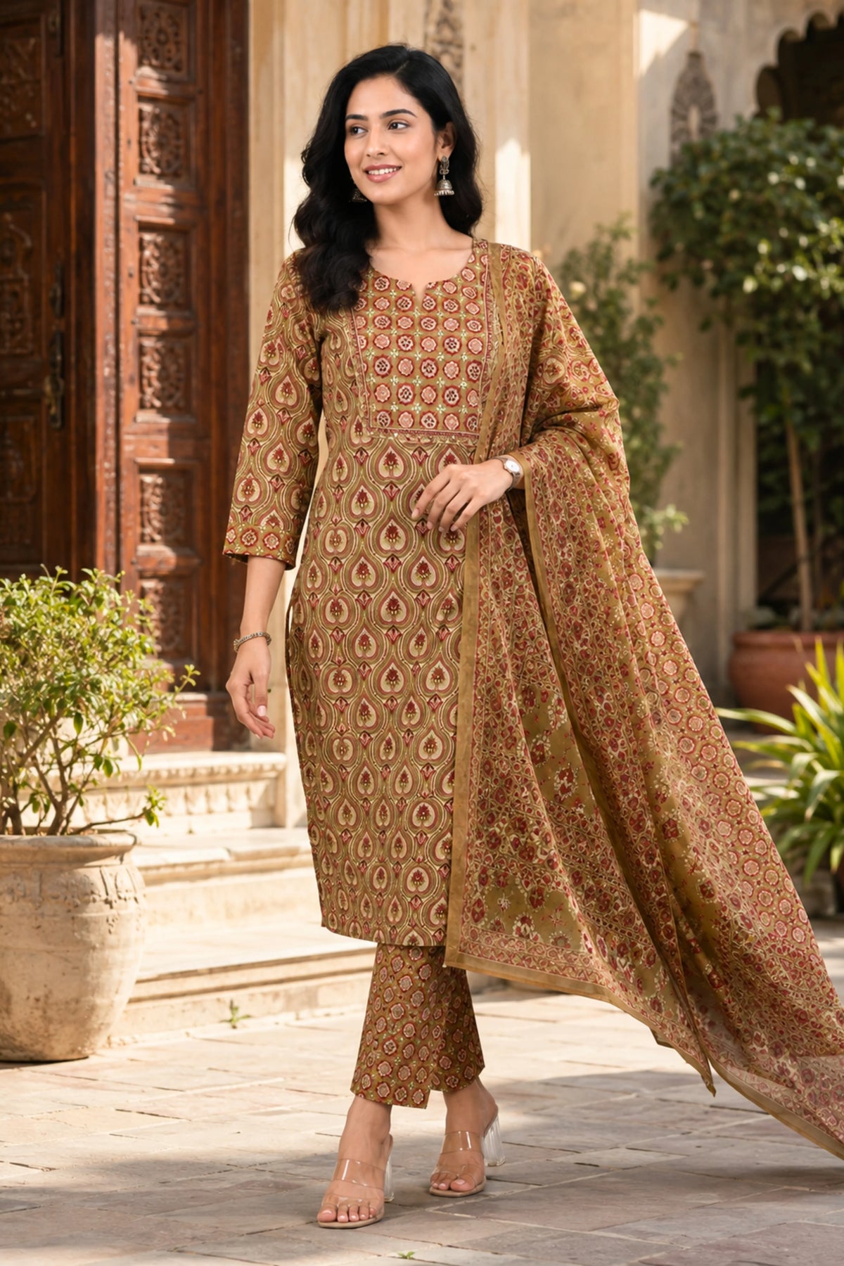 Mehendi Printed Cotton Suit Set-Global Republic