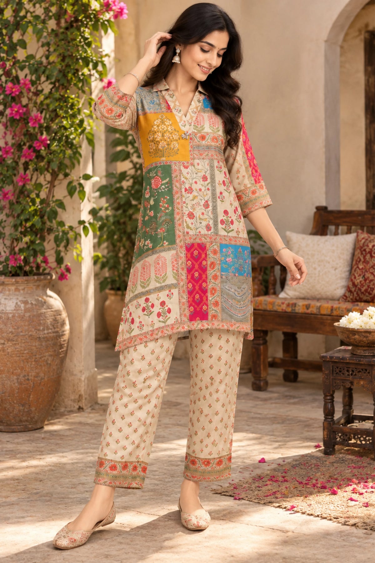 Multicolor Floral Printed Modal Crepe Co-ord Set-Global Republic
