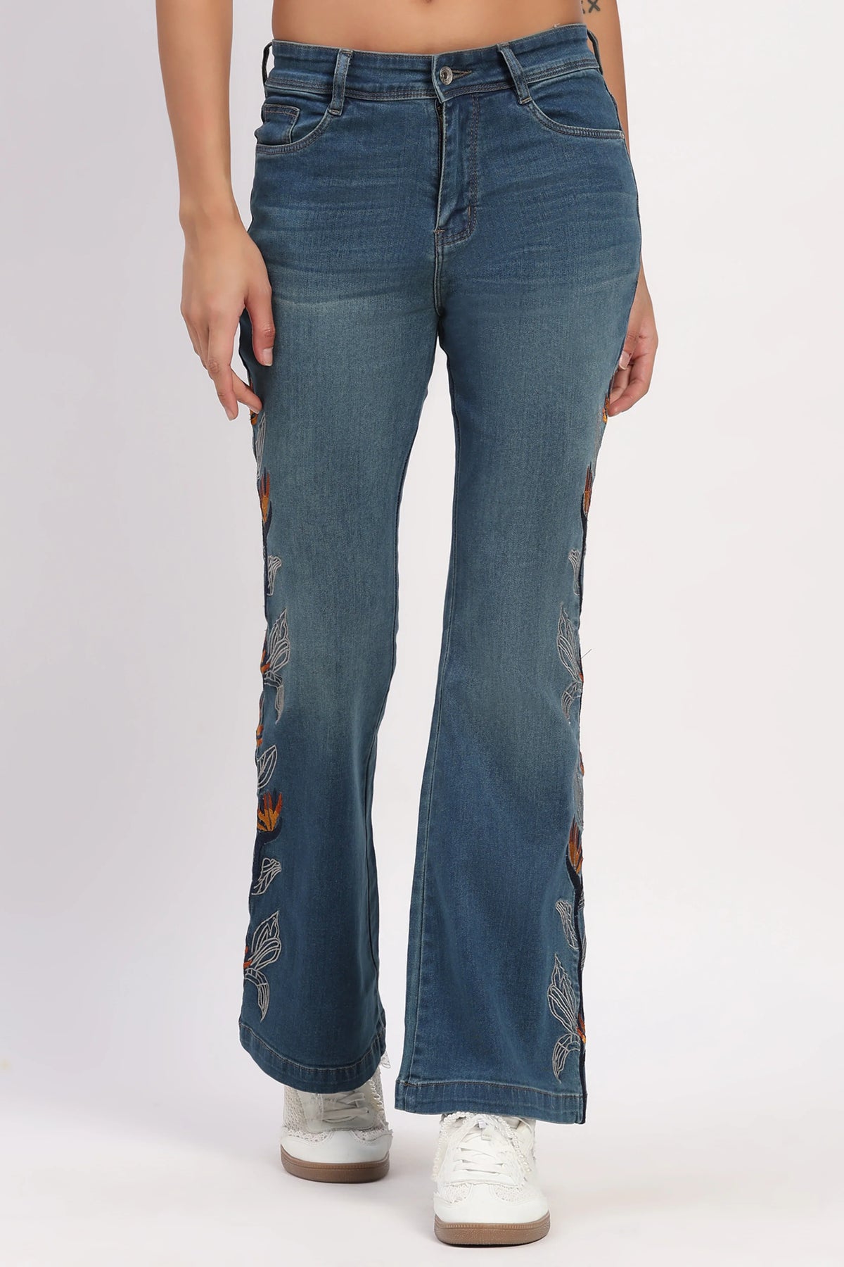 Blue Embroidered Bootcut Jeans-Global Republic