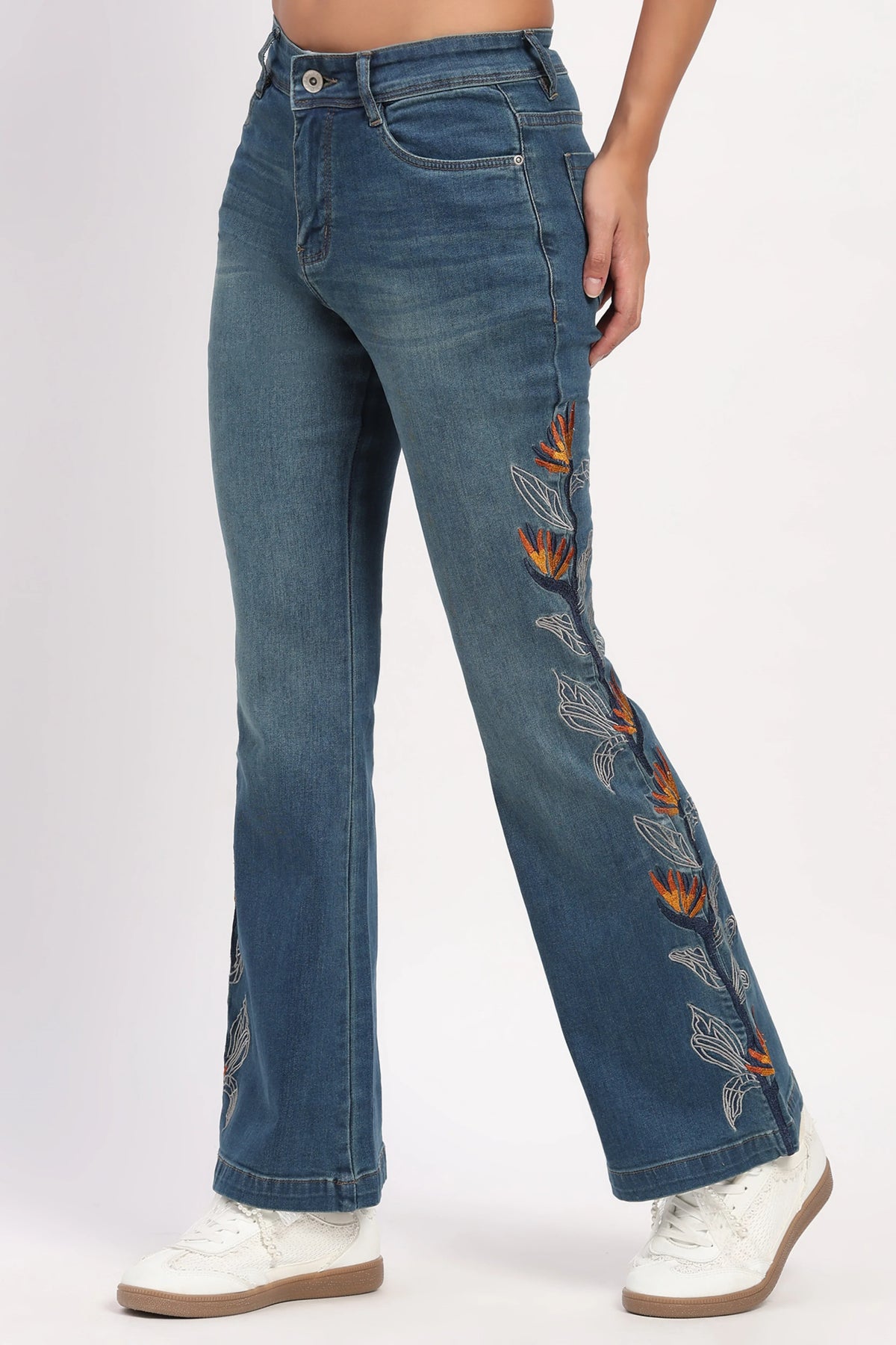 Blue Embroidered Bootcut Jeans-Global Republic