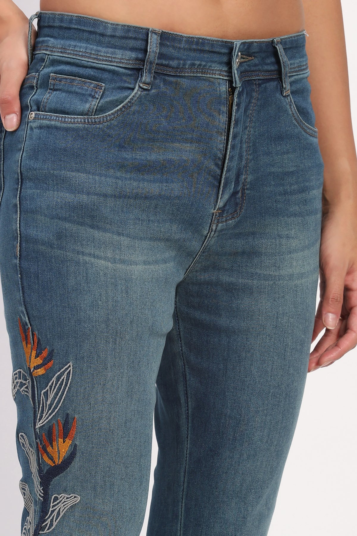Blue Embroidered Bootcut Jeans-Global Republic