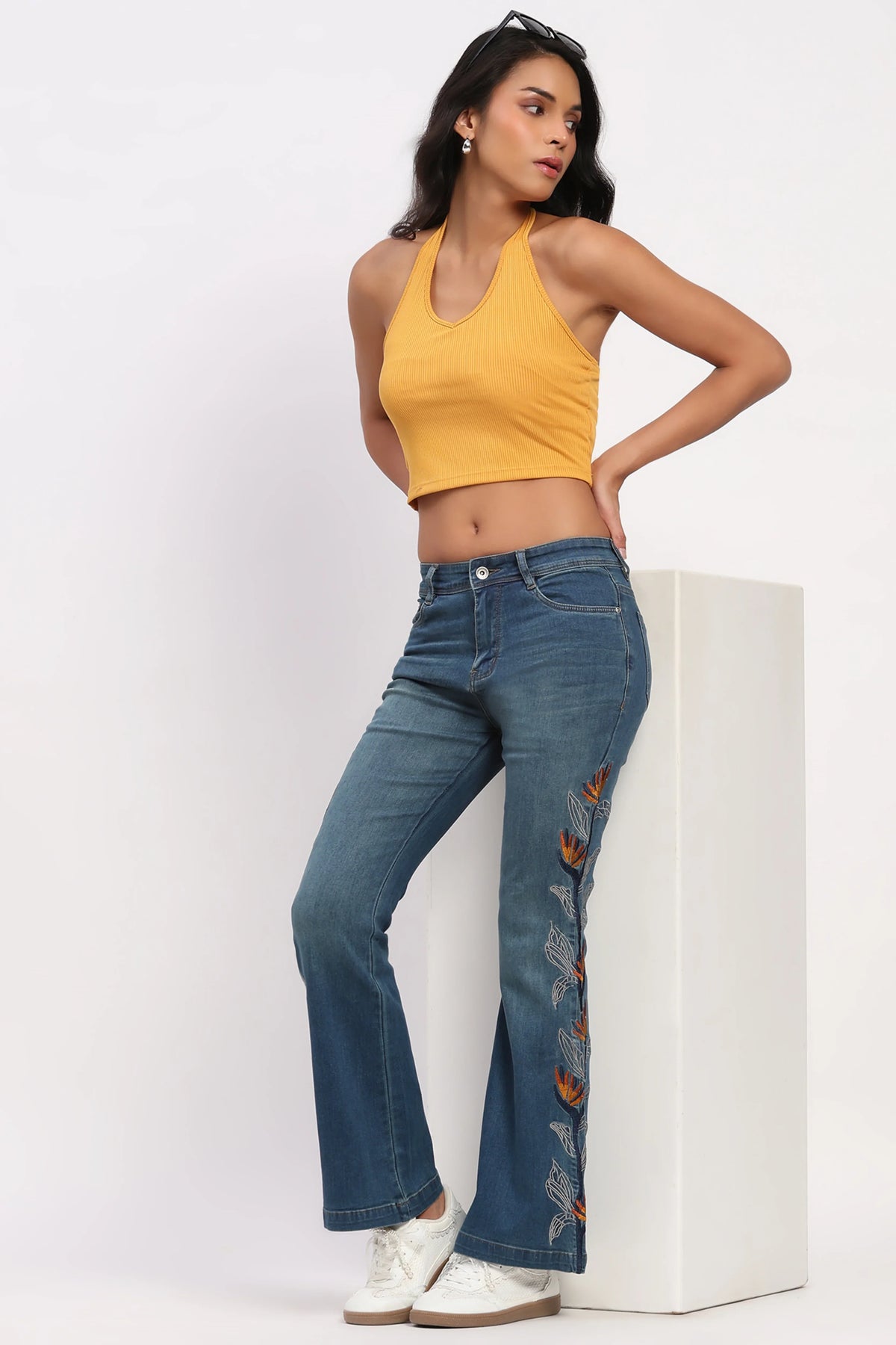 Blue Embroidered Bootcut Jeans-Global Republic