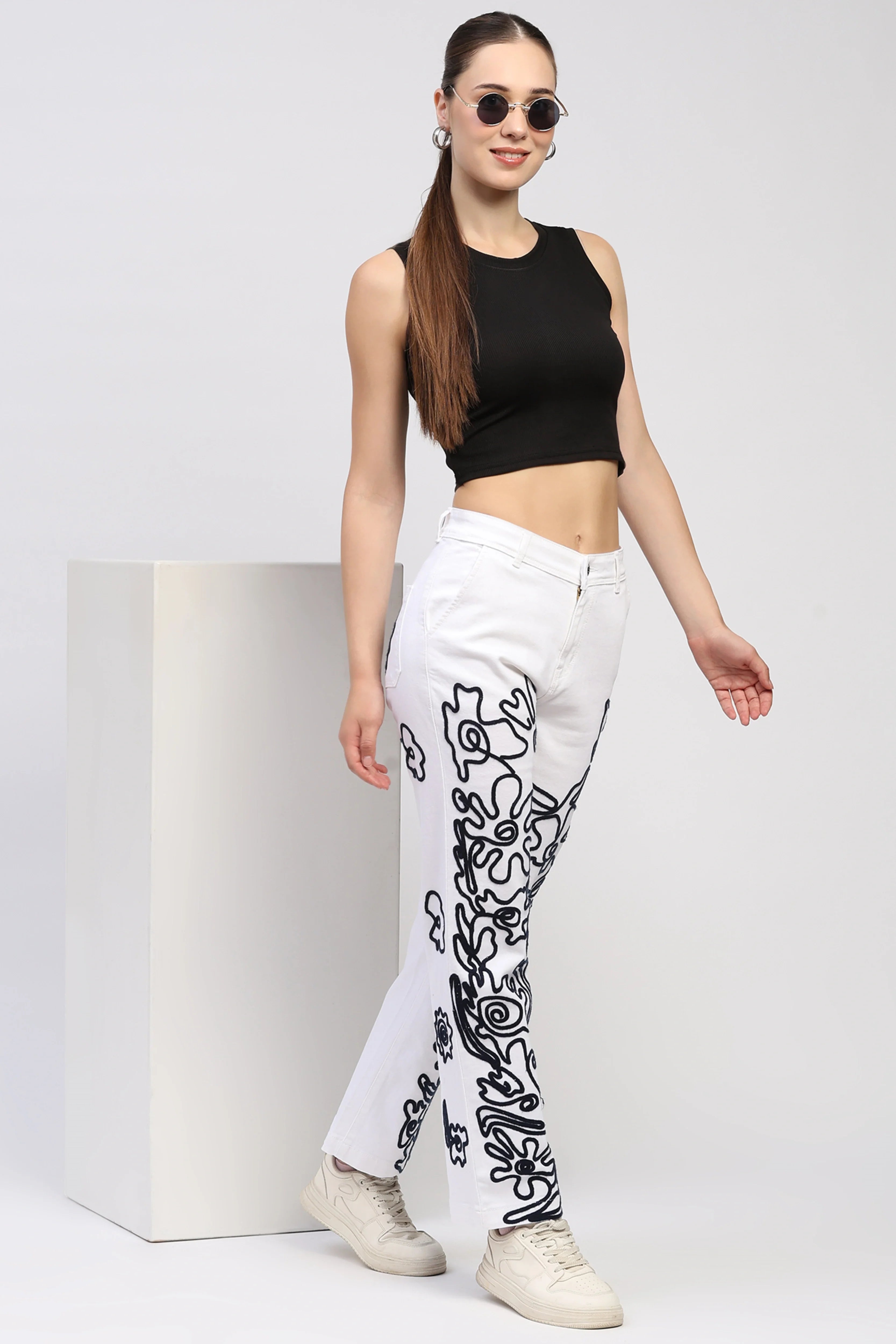 White Abstract Embroidered Jeans
