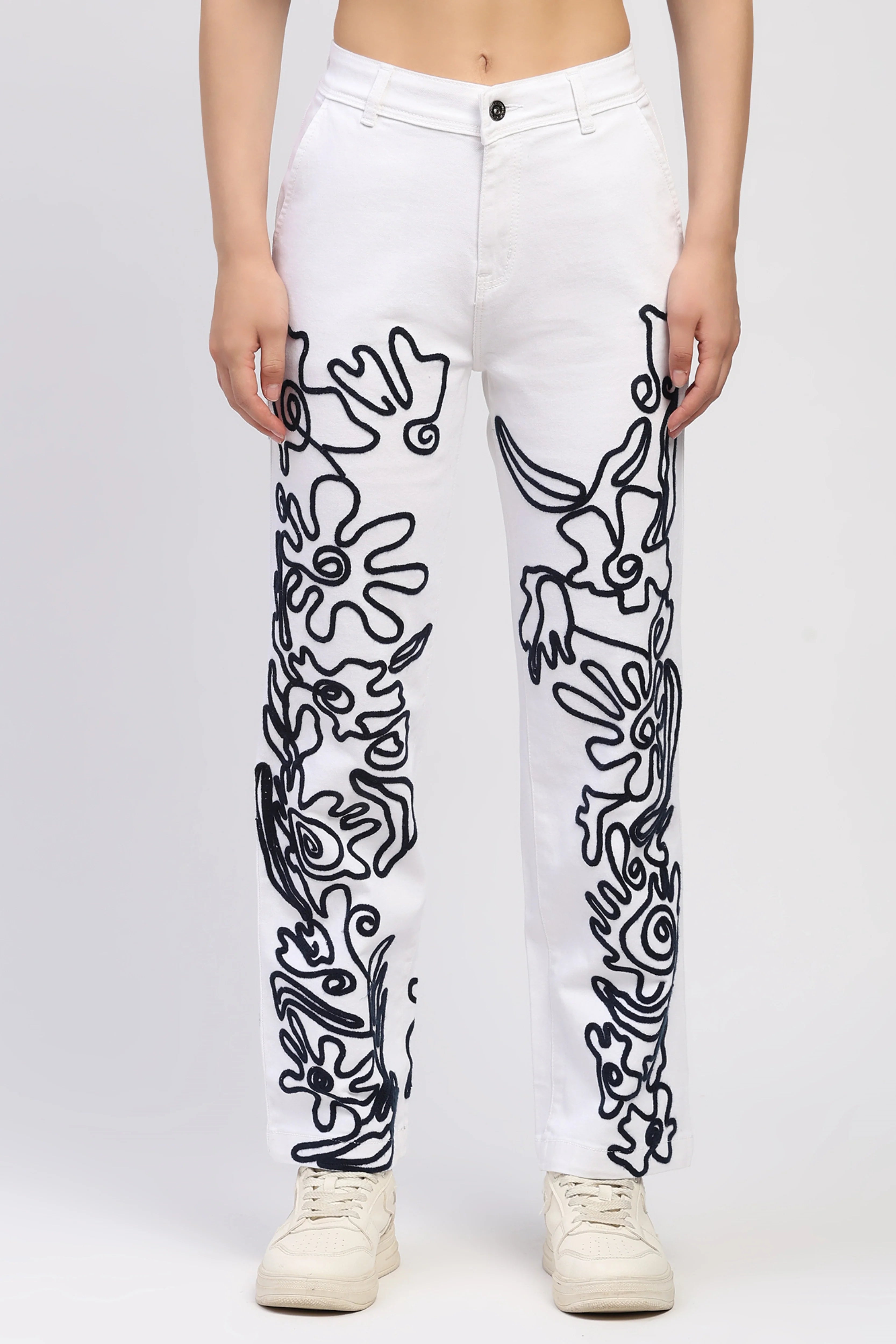 White Abstract Embroidered Jeans