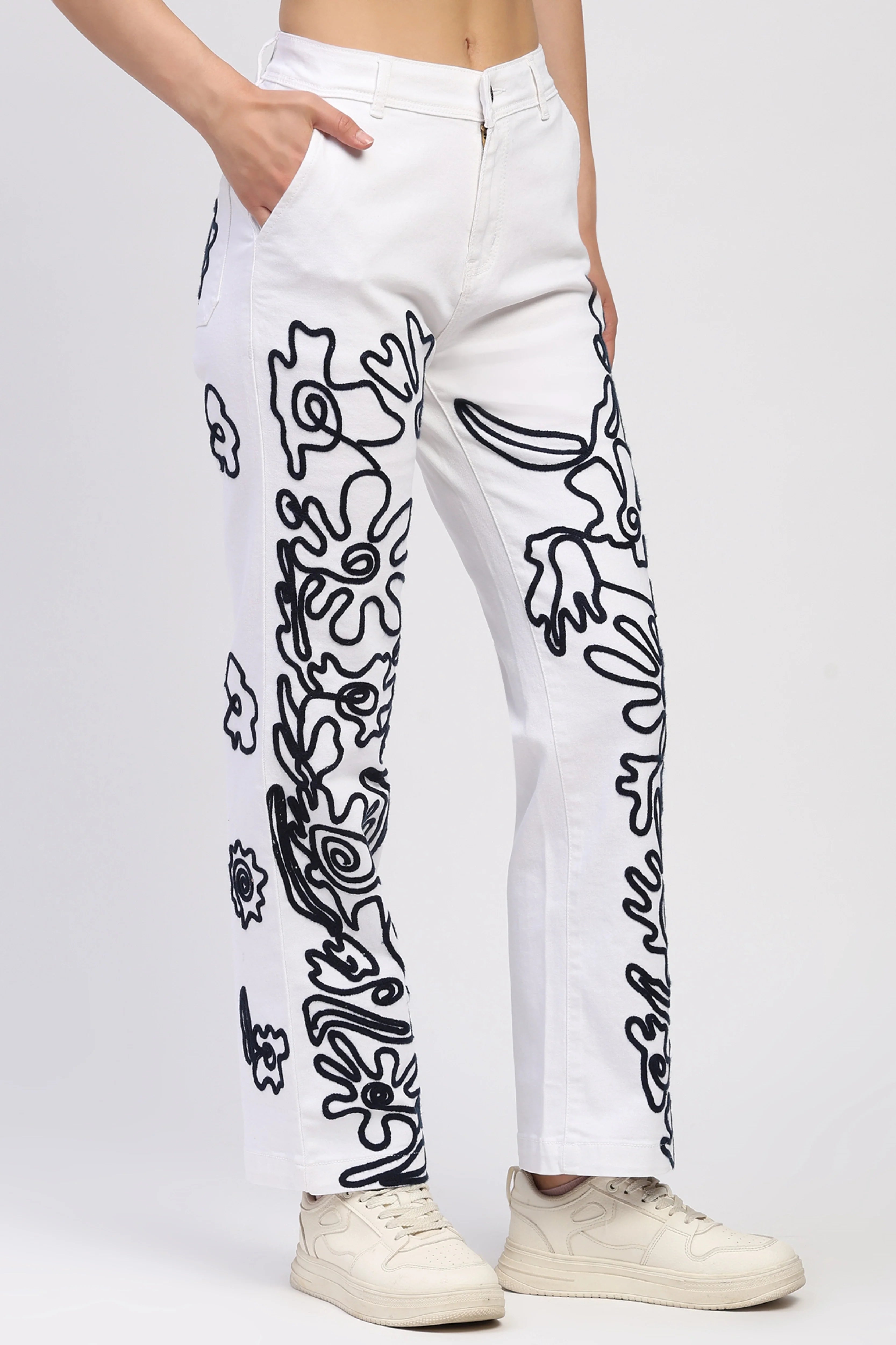 White Abstract Embroidered Jeans