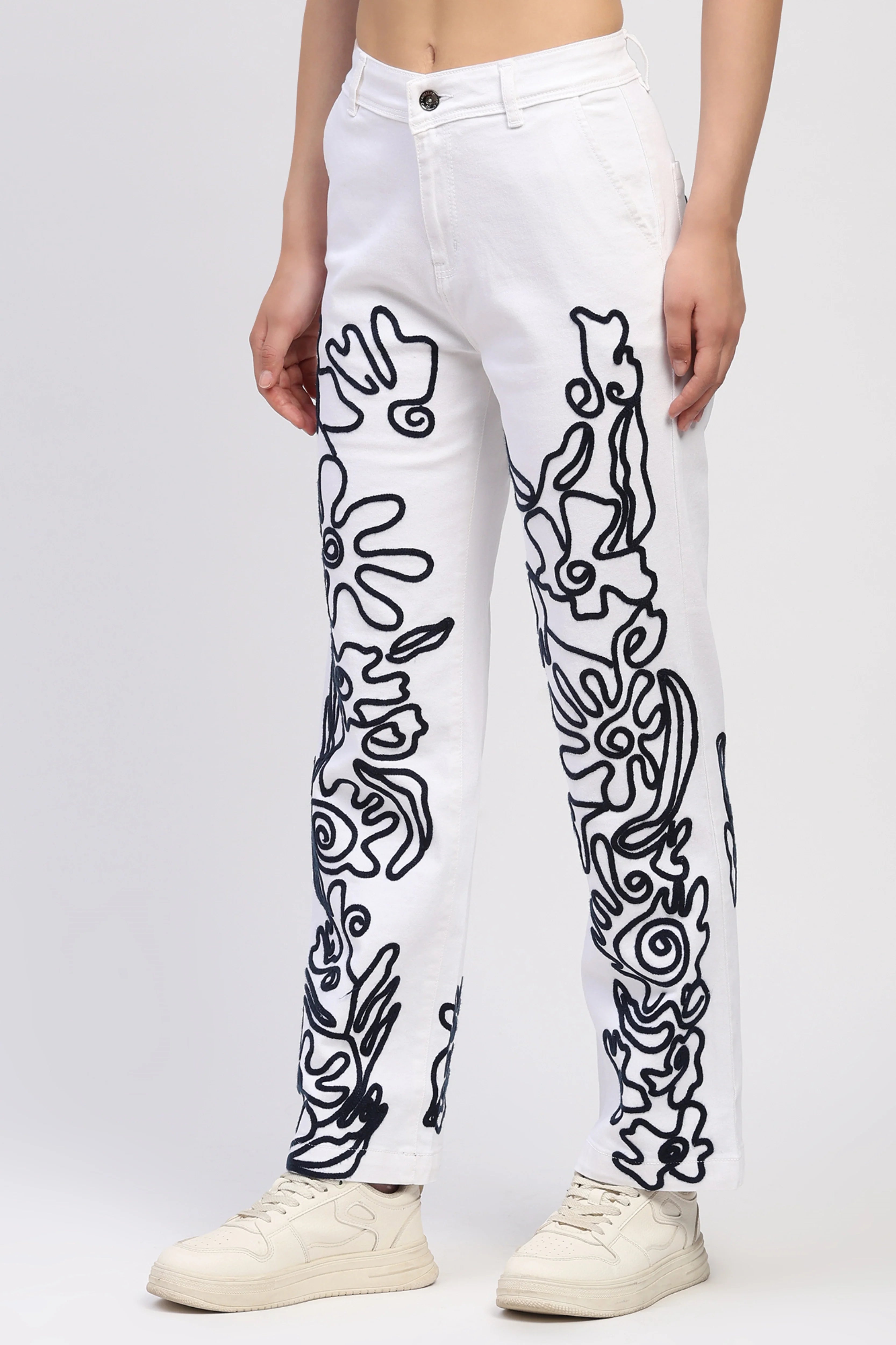 White Abstract Embroidered Jeans