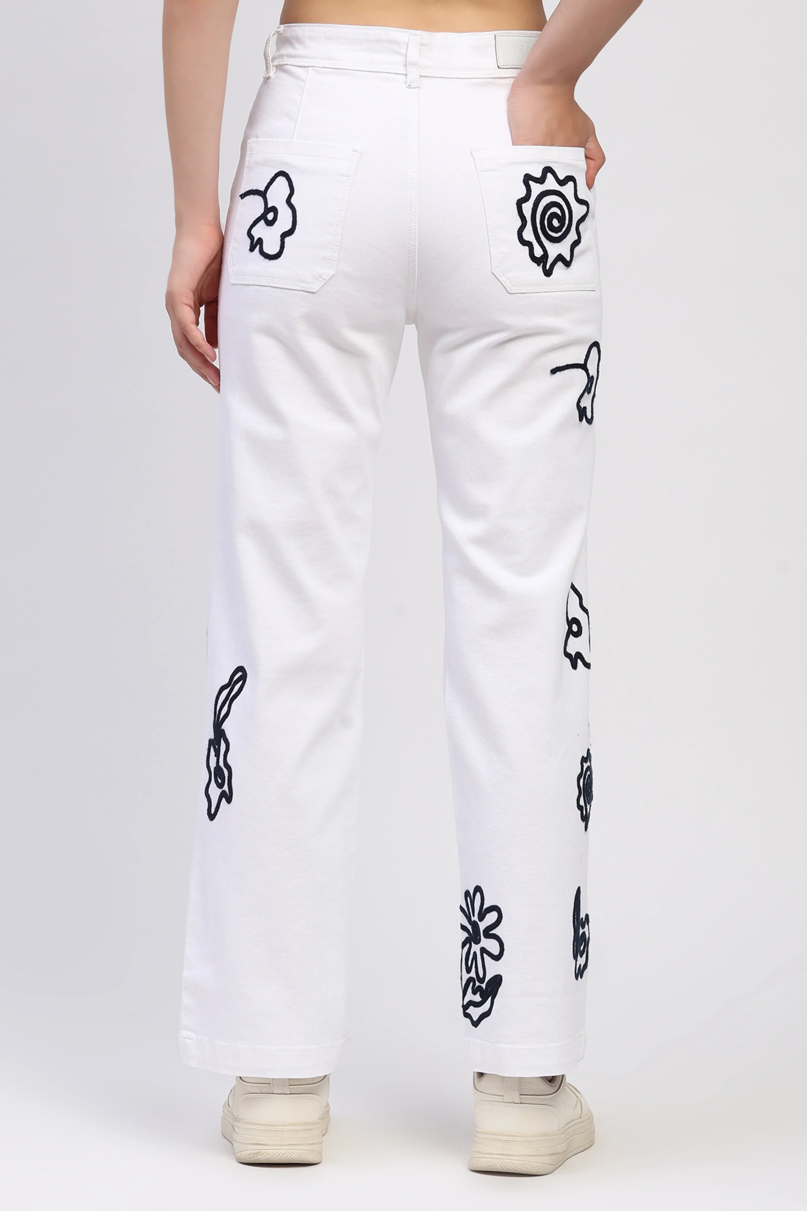 White Abstract Embroidered Jeans