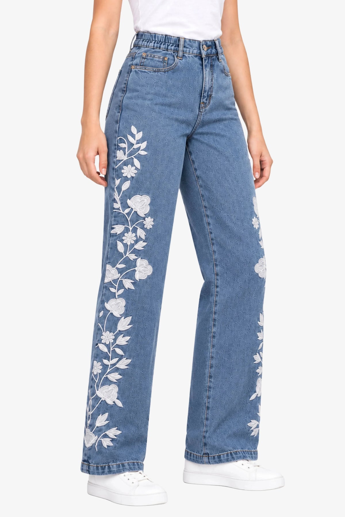 Light Blue Floral Embroidered Jeans-Global Republic