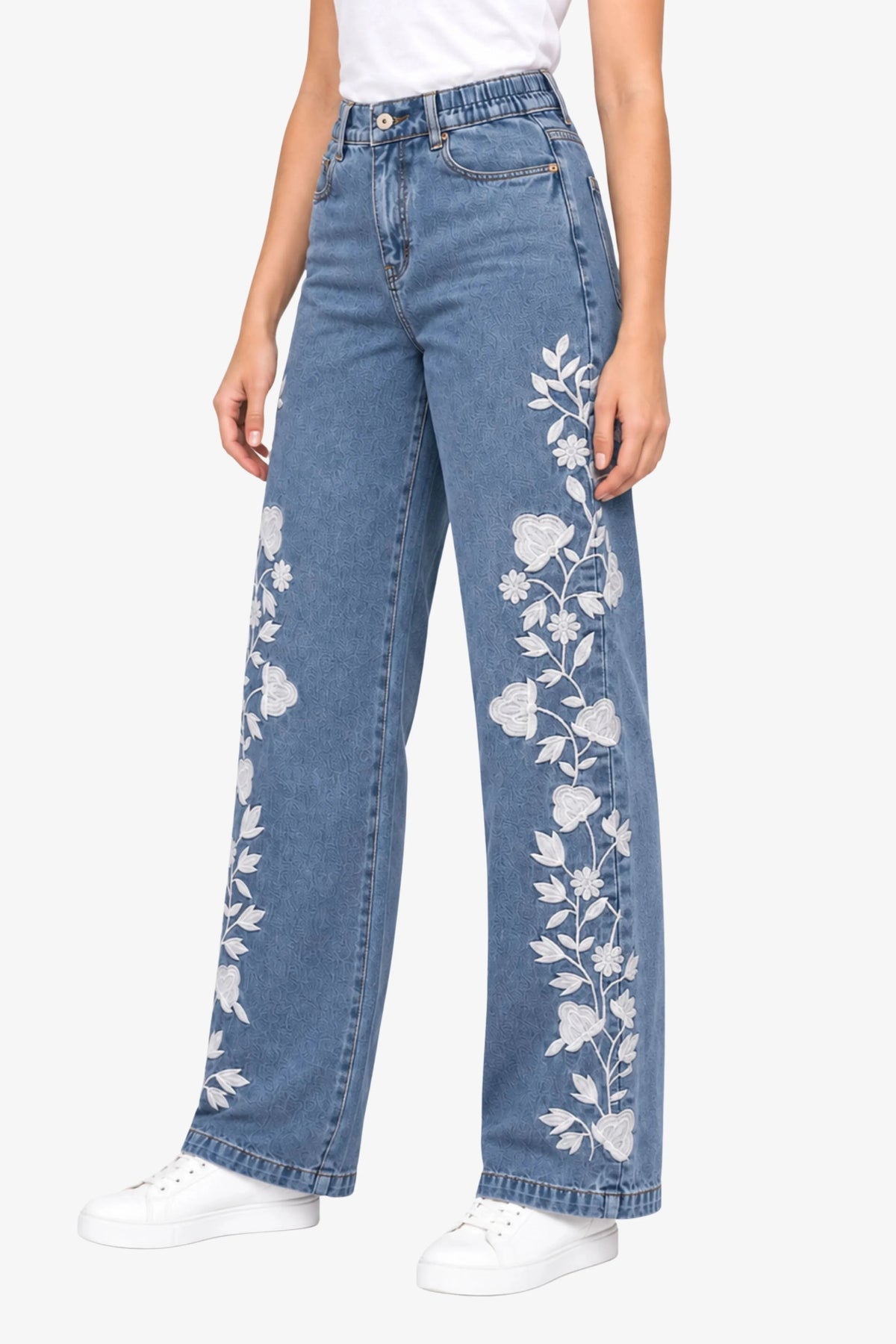 Light Blue Floral Embroidered Jeans-Global Republic