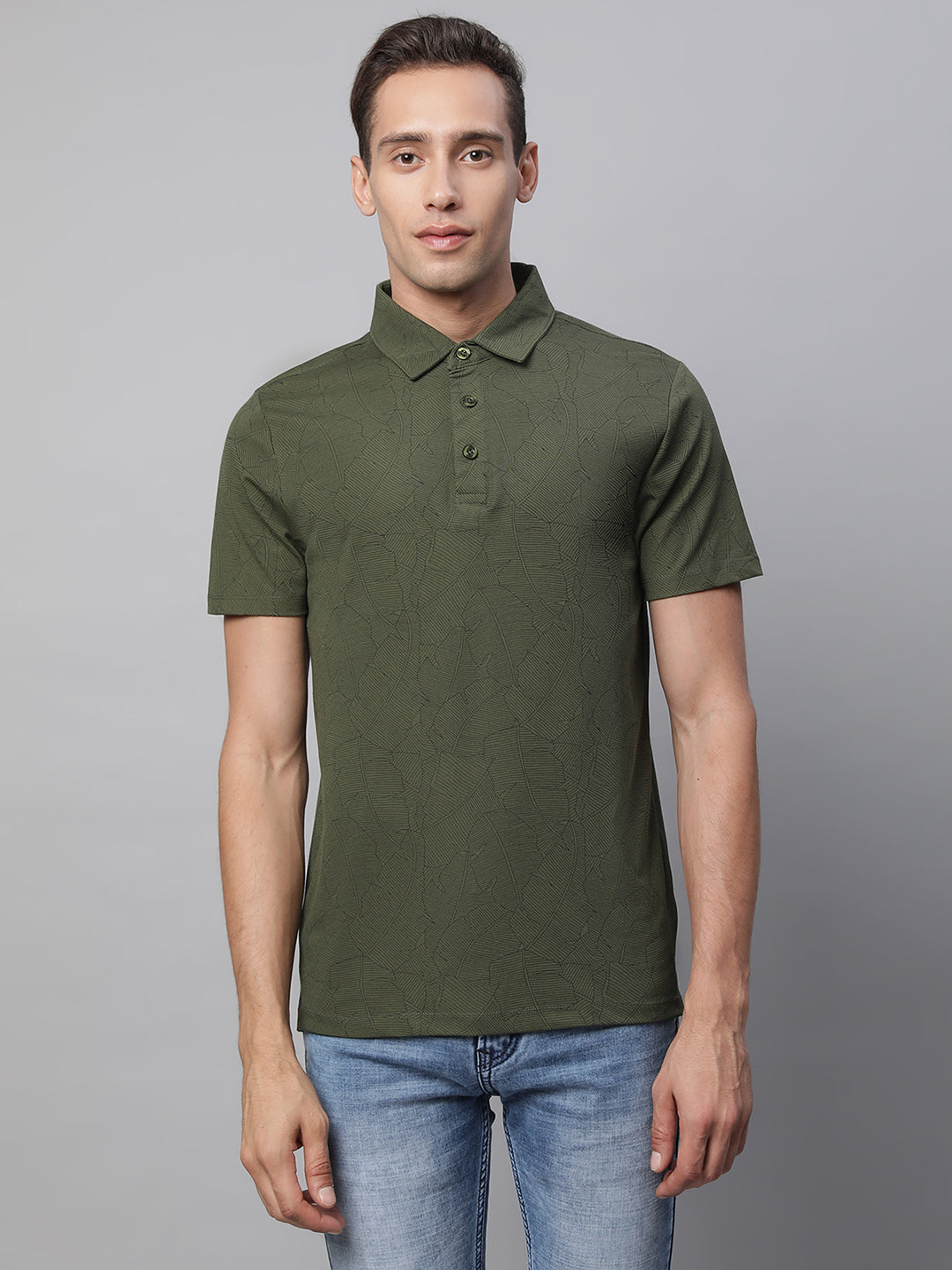 Mens Olive Collar Neck Printed T-Shirt - Global Republic