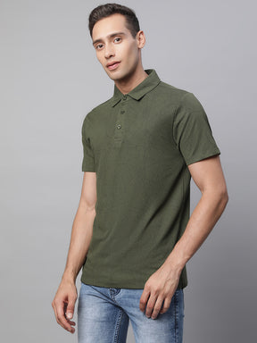Mens Olive Collar Neck Printed T-Shirt