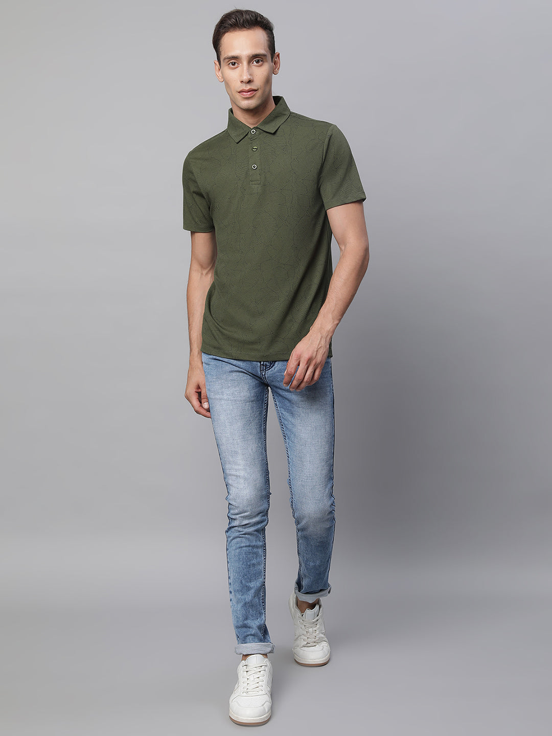 Mens Olive Collar Neck Printed T-Shirt - Global Republic