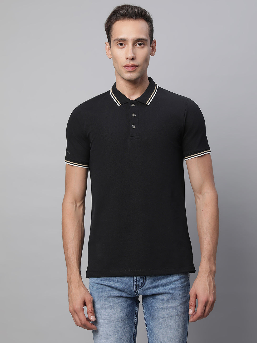 Mens Black Collar Neck Solid T-Shirt