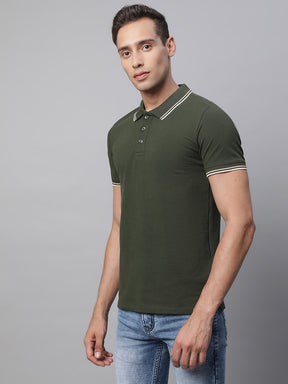 Mens Olive Collar Neck Solid T-Shirt