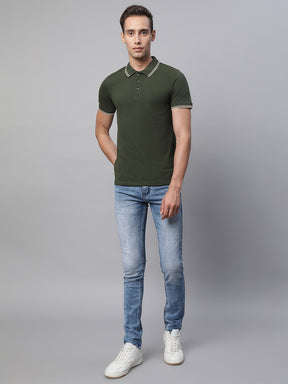 Mens Olive Collar Neck Solid T-Shirt