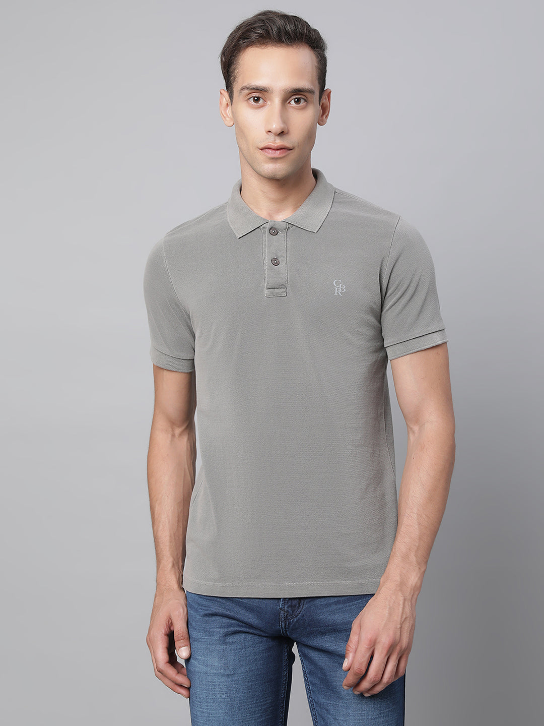 Mens Grey Collar Neck Solid T-Shirt - Global Republic