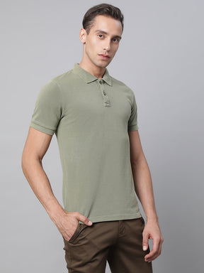 Mens Olive Solid Half Sleeve Polo Neck Slim Fit T-Shirt