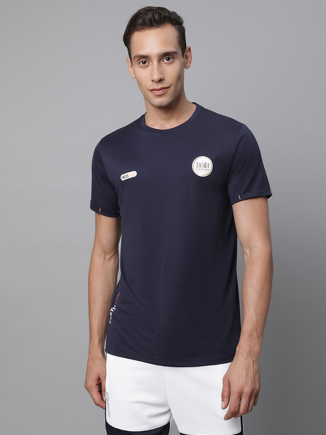 Mens Navy Blue Round Neck Solid T-Shirt