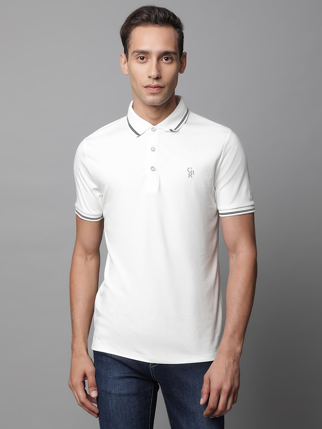 Mens White Collar Neck Solid T-Shirt