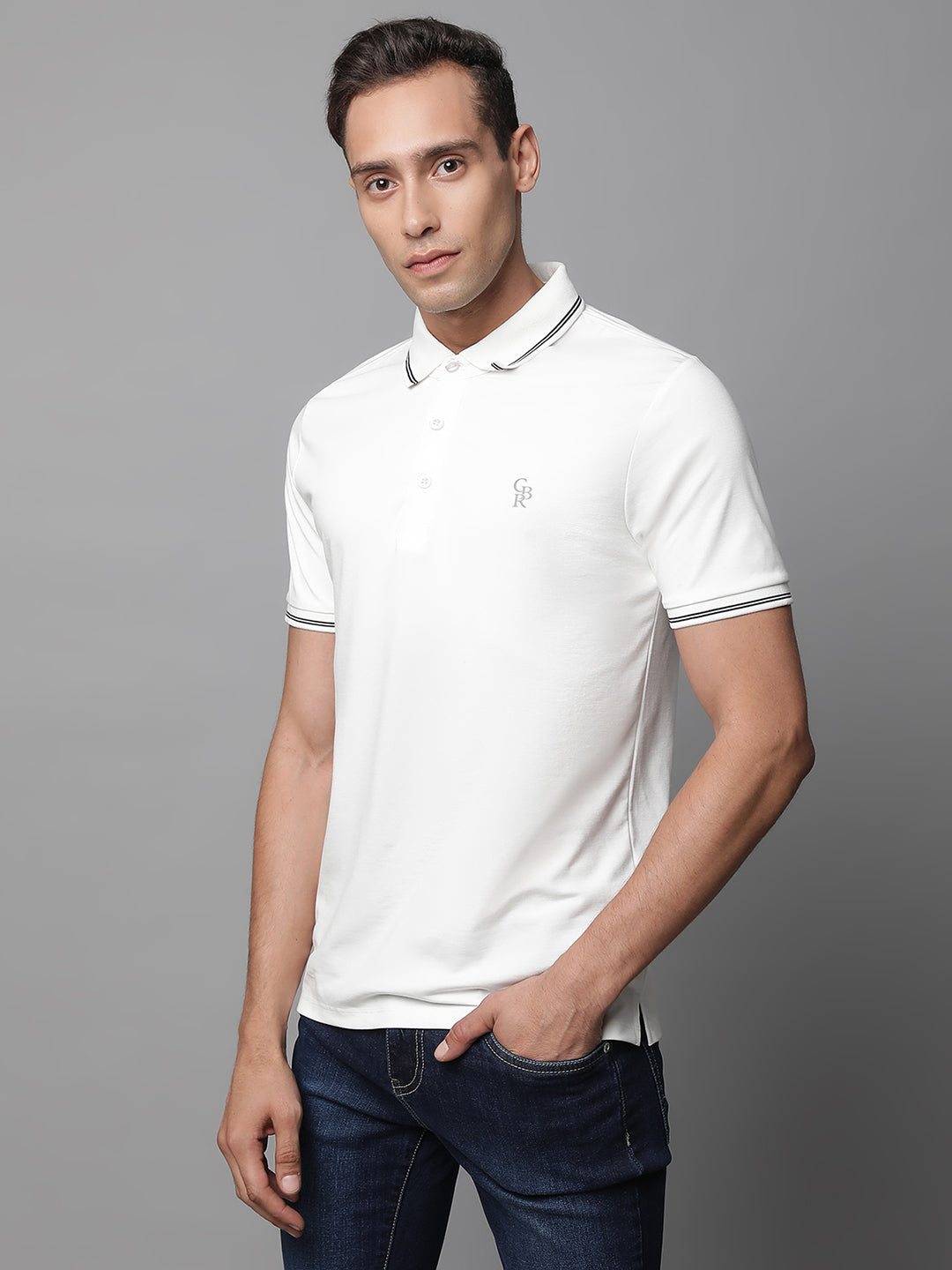 Mens White Collar Neck Solid Slim Fit T-Shirt