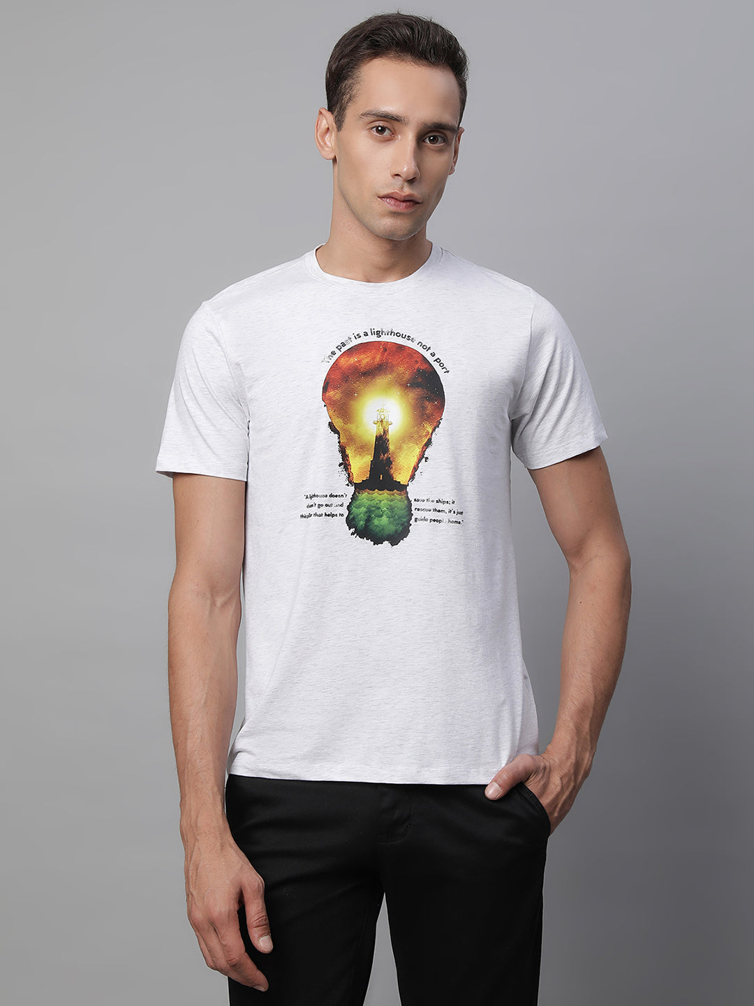 Mens Ecru Round Neck Printed T-Shirt