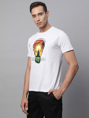 Mens Ecru Round Neck Printed T-Shirt