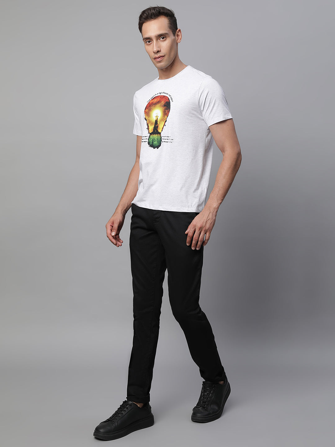 Mens Ecru Round Neck Printed T-Shirt - Global Republic