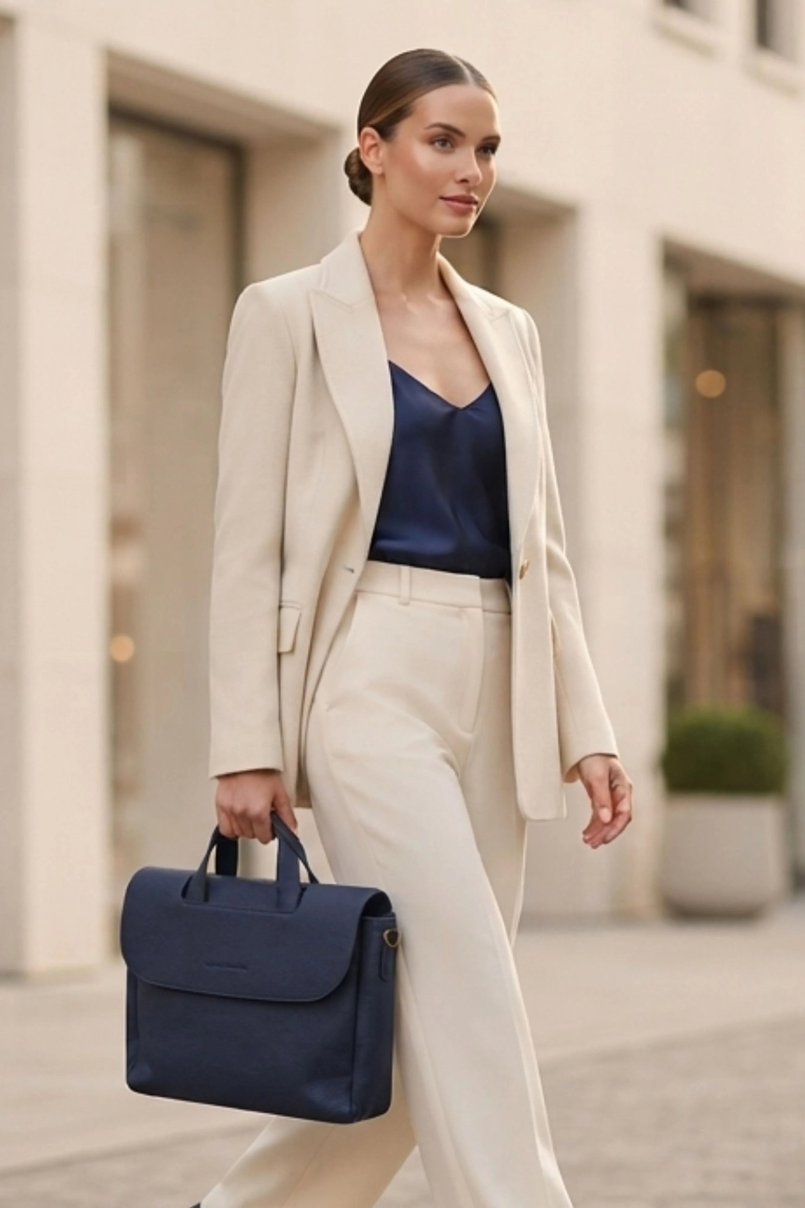 Navy Leather Laptop Briefcase-Global Republic